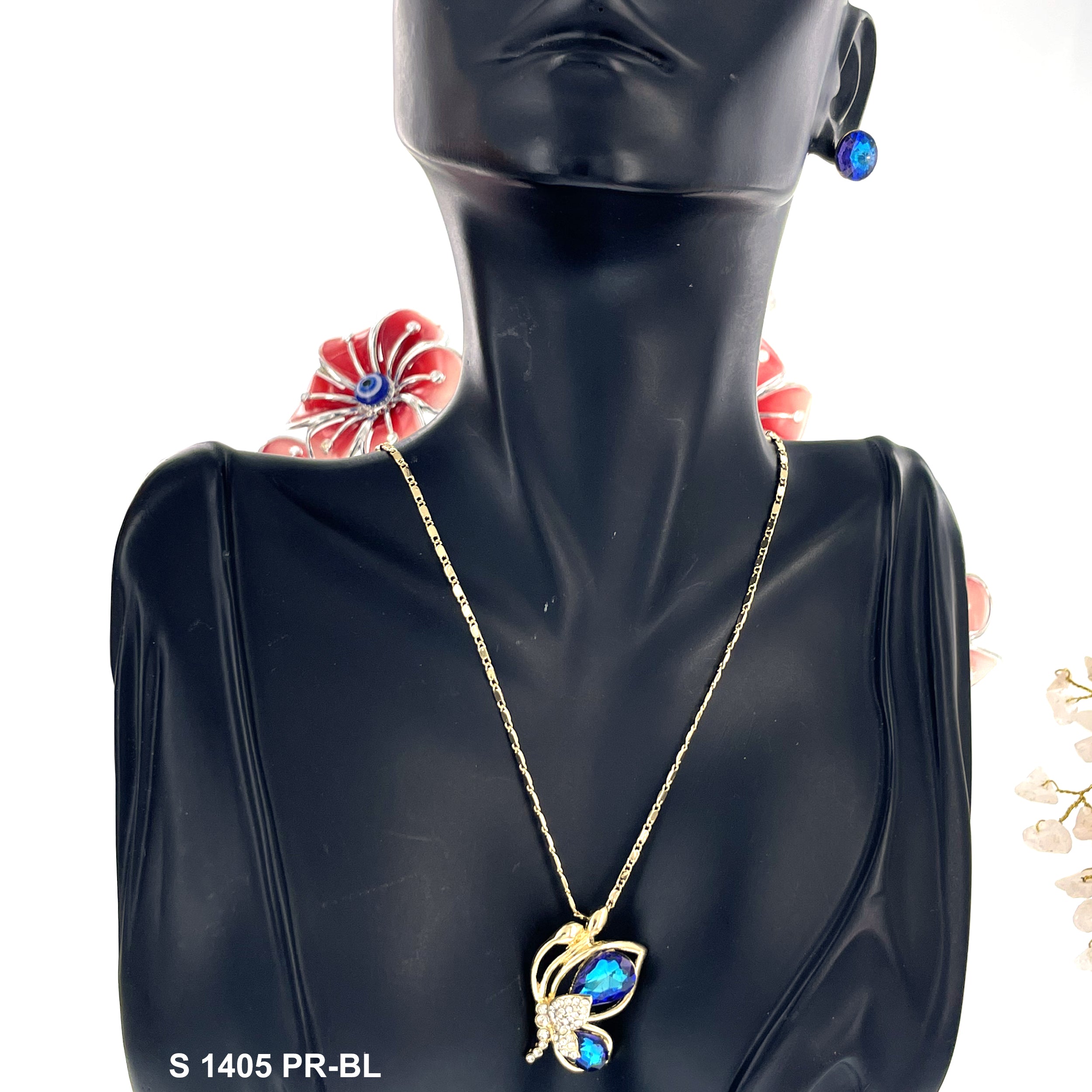Butterfly Stoned Pendant Necklace Set S 1405 PR-BL