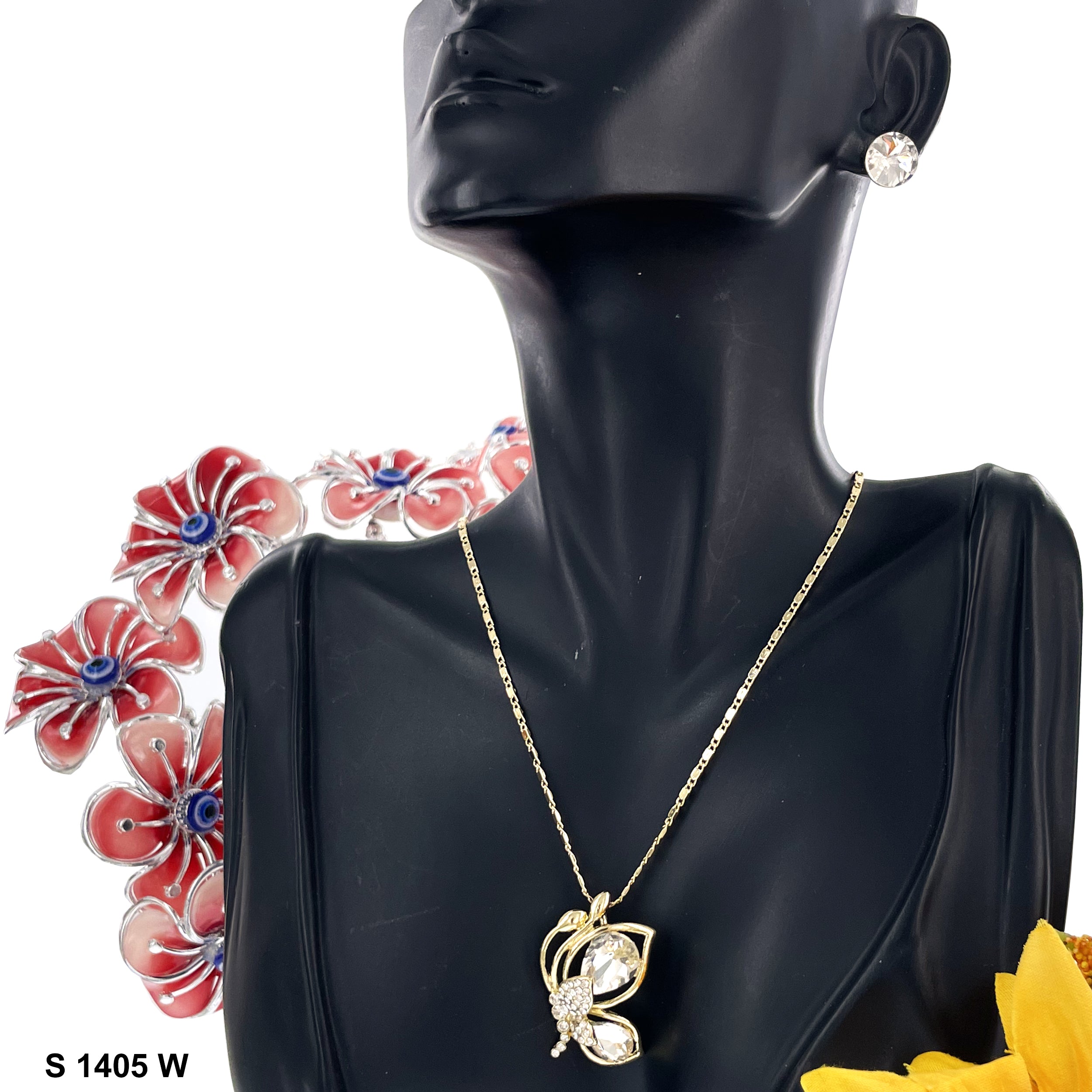 Butterfly Stoned Pendant Necklace Set S 1405 W