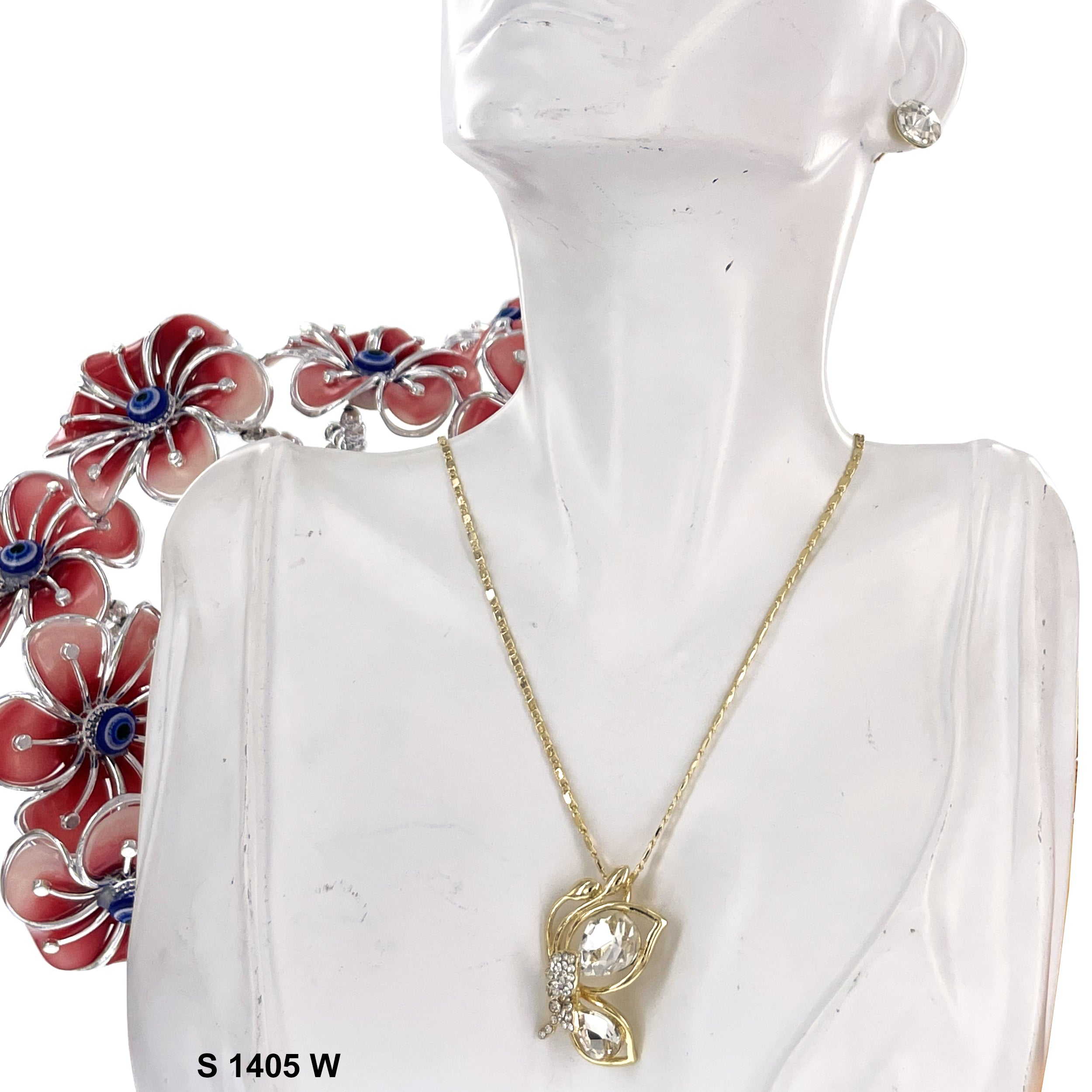 Butterfly Stoned Pendant Necklace Set S 1405 W