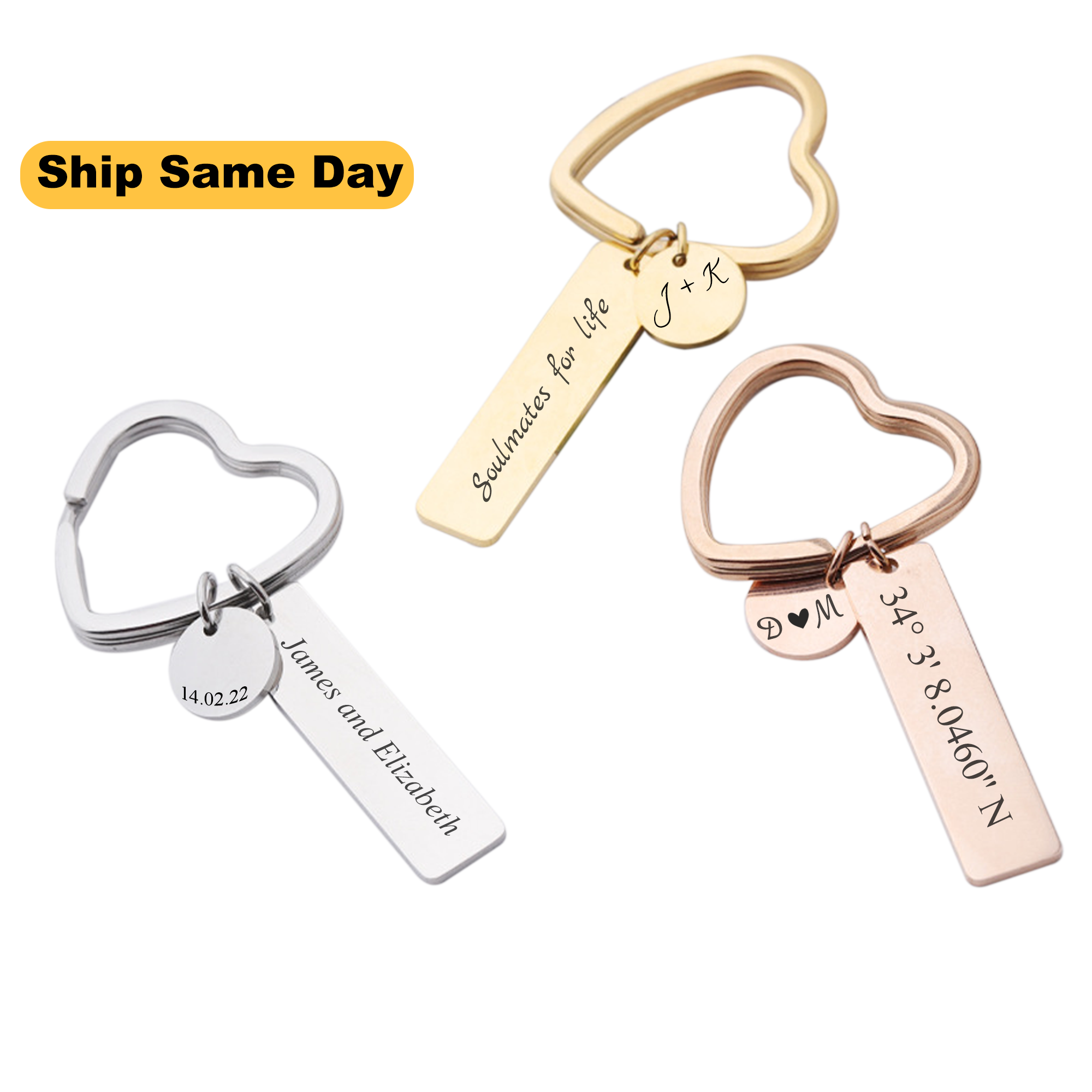 Engraved Bar with Round Charm and Heart Key Ring KCK 9