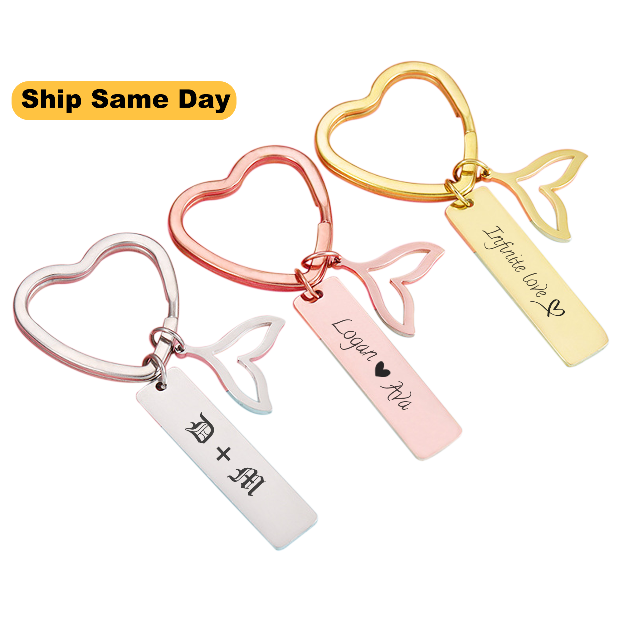 Engraved Bar with Mermaid Tail Charm and Heart Key Ring KCK 8