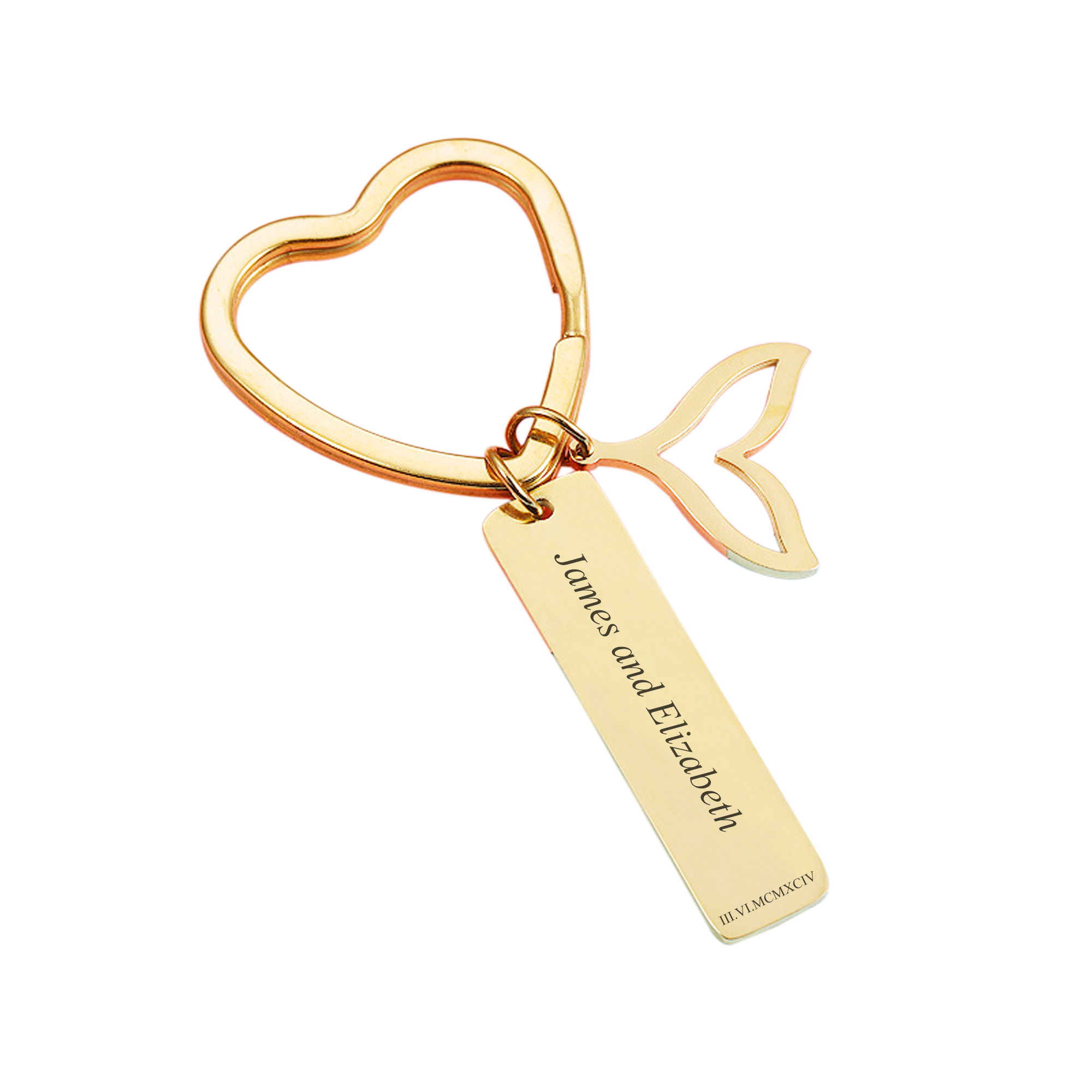 Engraved Bar with Mermaid Tail Charm and Heart Key Ring KCK 8