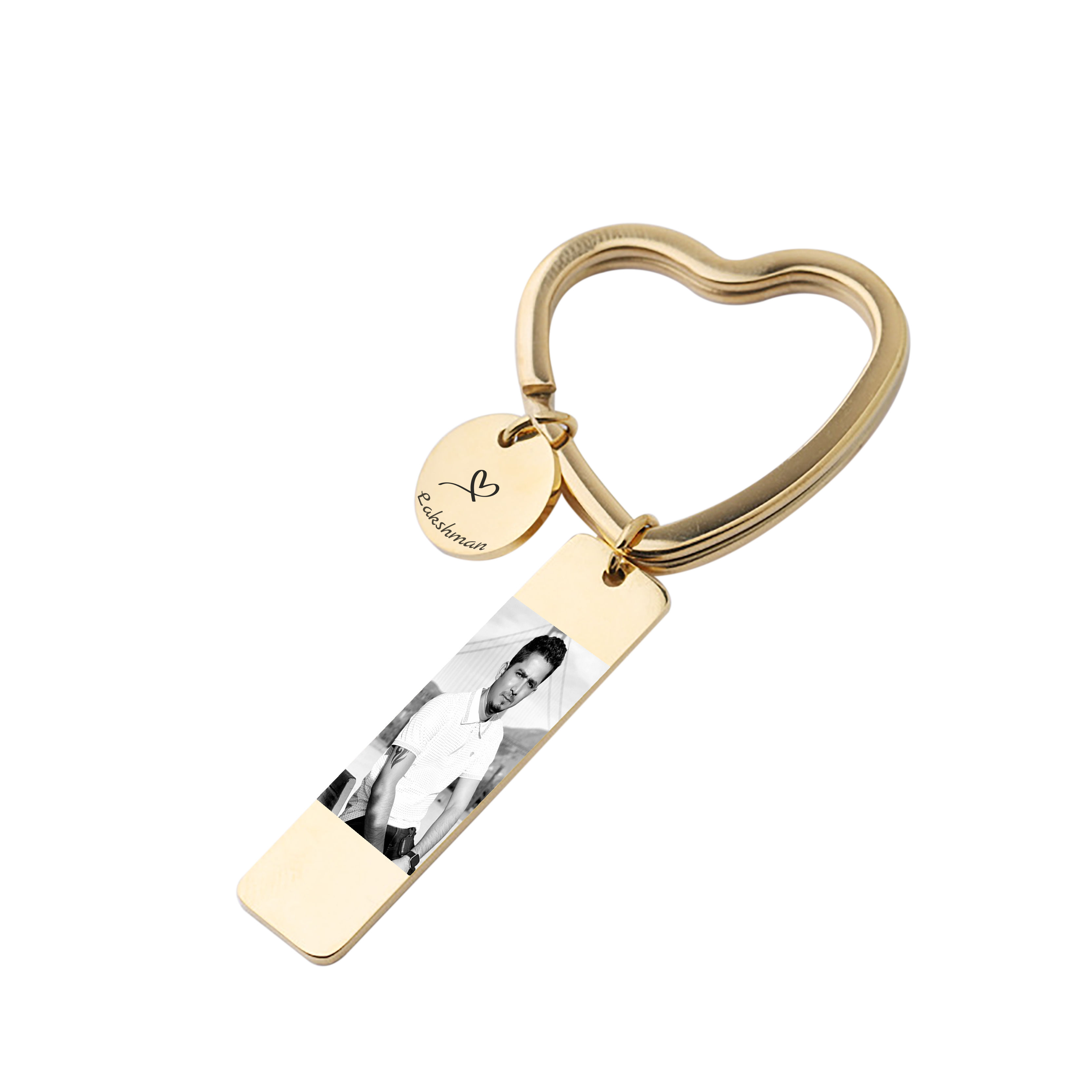 Engraved Bar with Round Charm and Heart Key Ring KCK 9