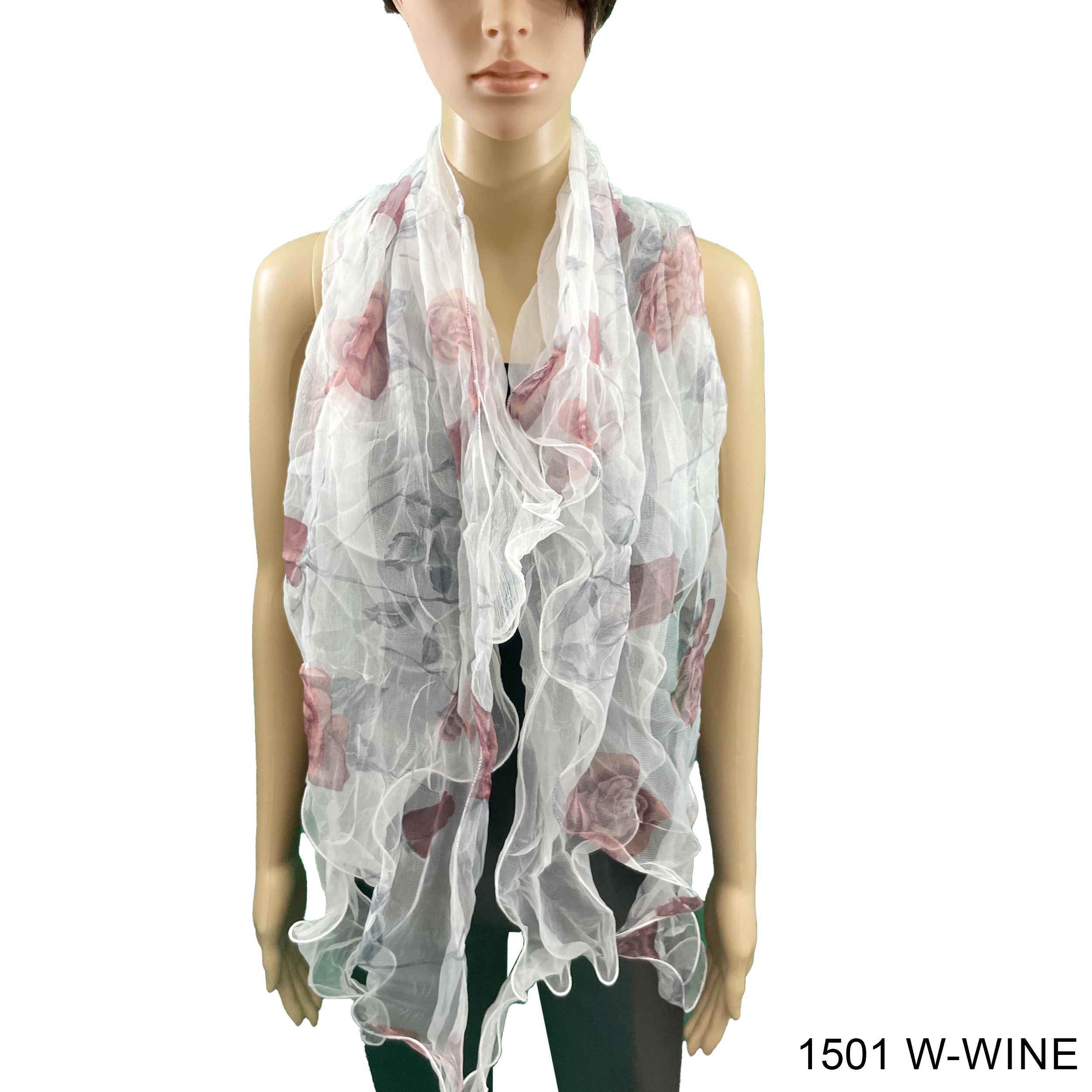 Flower Print  Double Layer Silk Scarf 1501 W-WINE