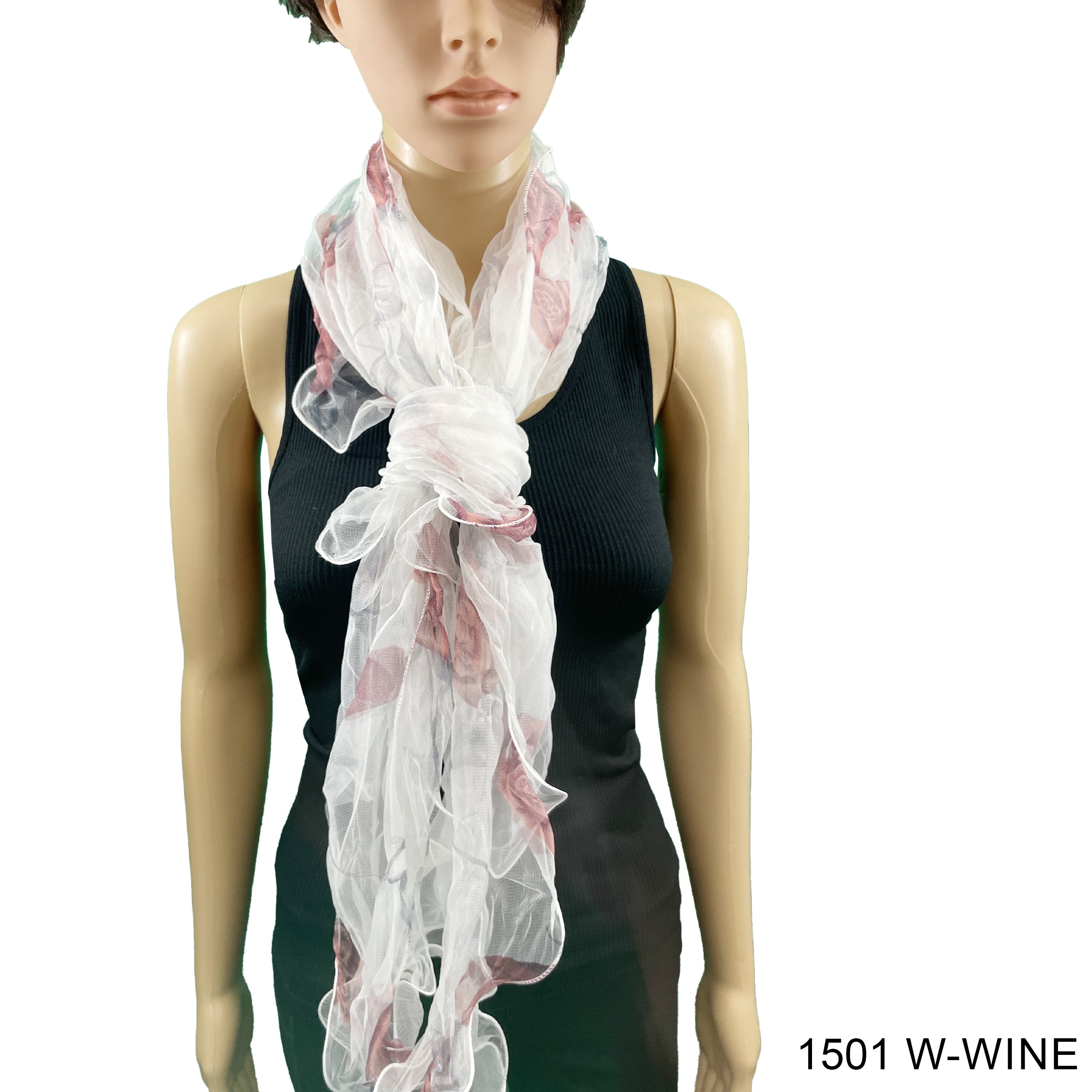 Flower Print  Double Layer Silk Scarf 1501 W-WINE