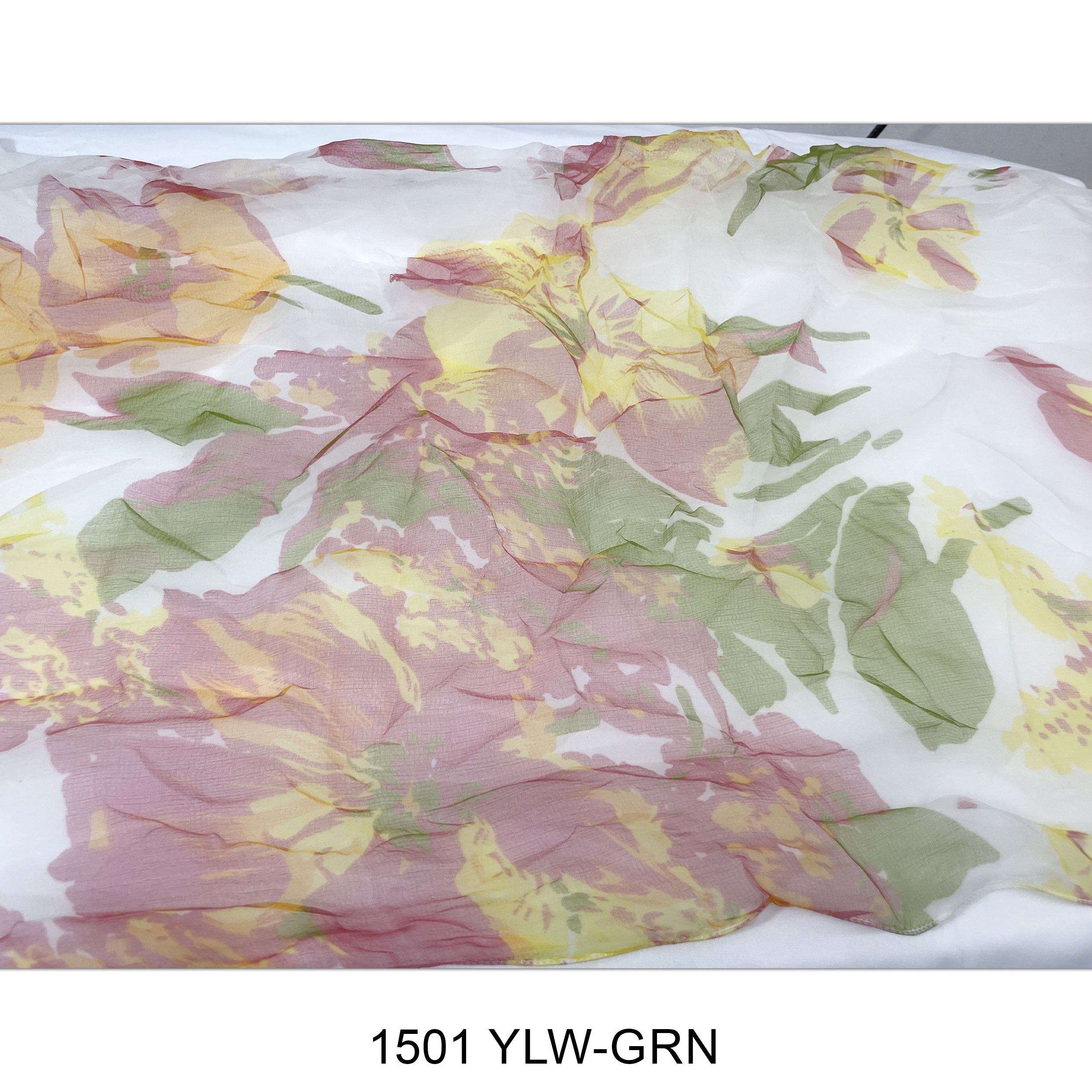 Flower Print  Double Layer Silk Scarf 1501 YLW-GRN