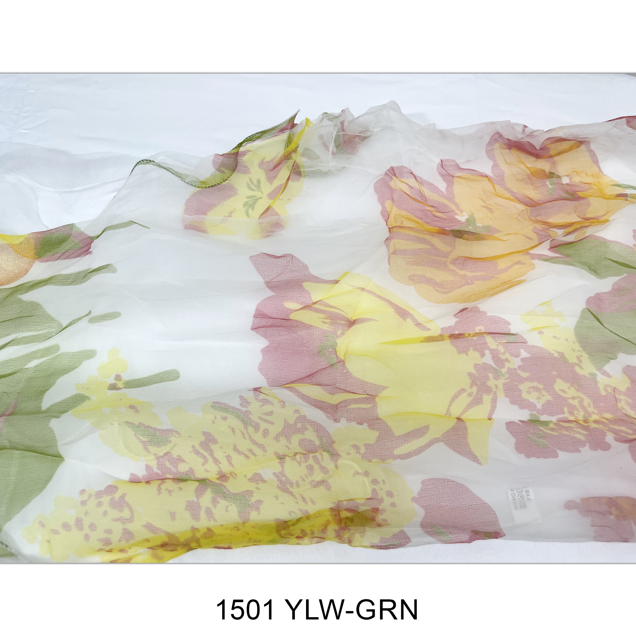 Flower Print  Double Layer Silk Scarf 1501 YLW-GRN