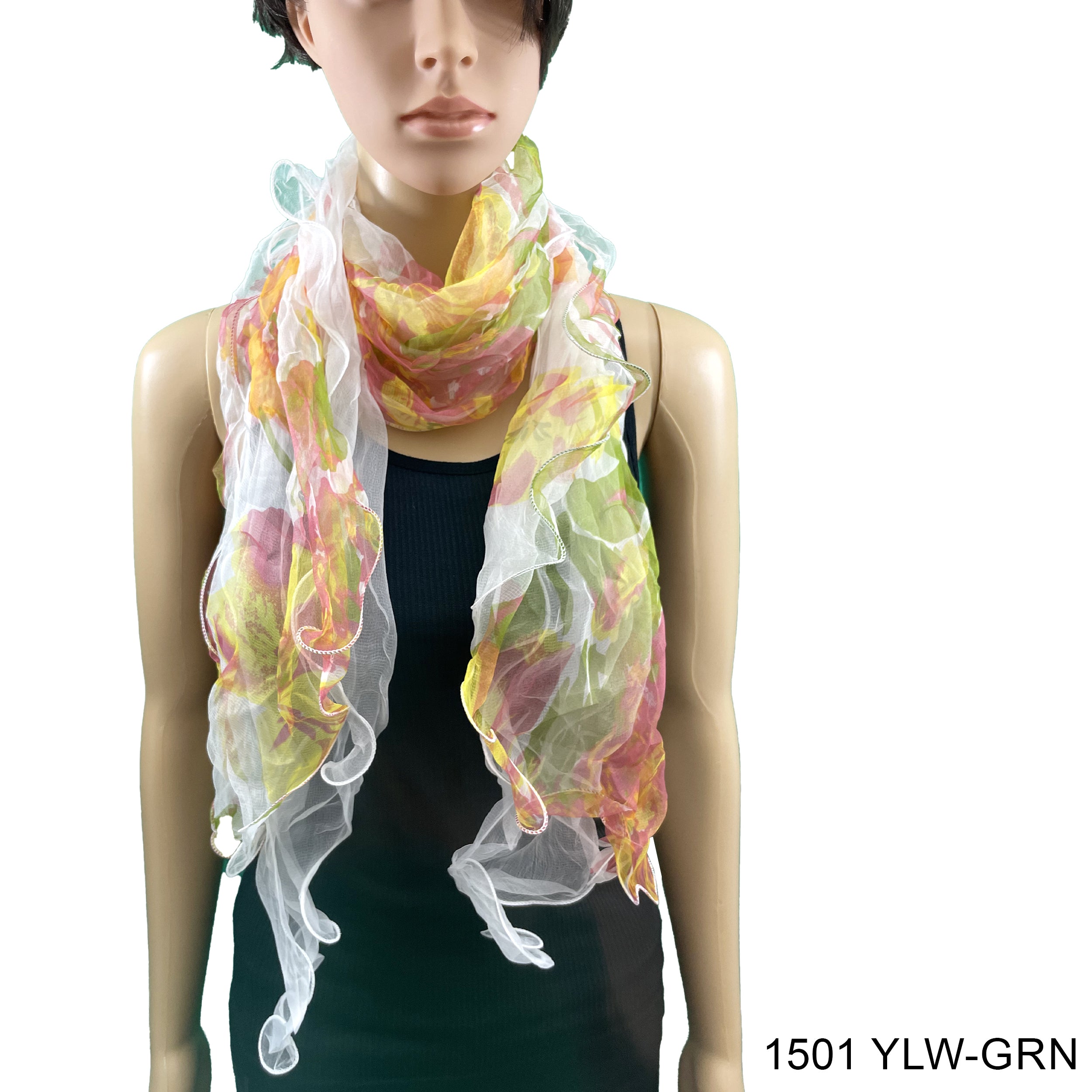 Flower Print  Double Layer Silk Scarf 1501 YLW-GRN