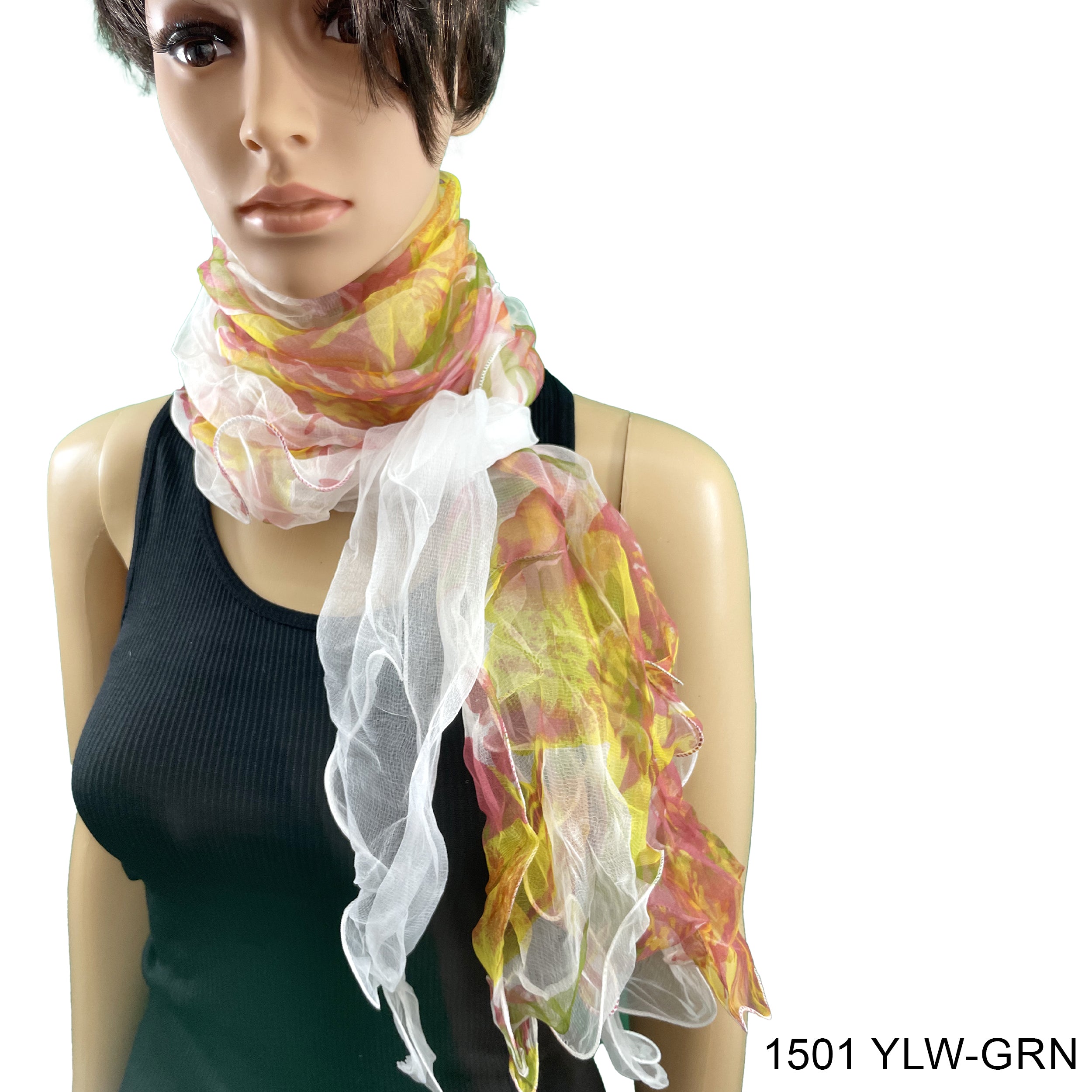 Flower Print  Double Layer Silk Scarf 1501 YLW-GRN