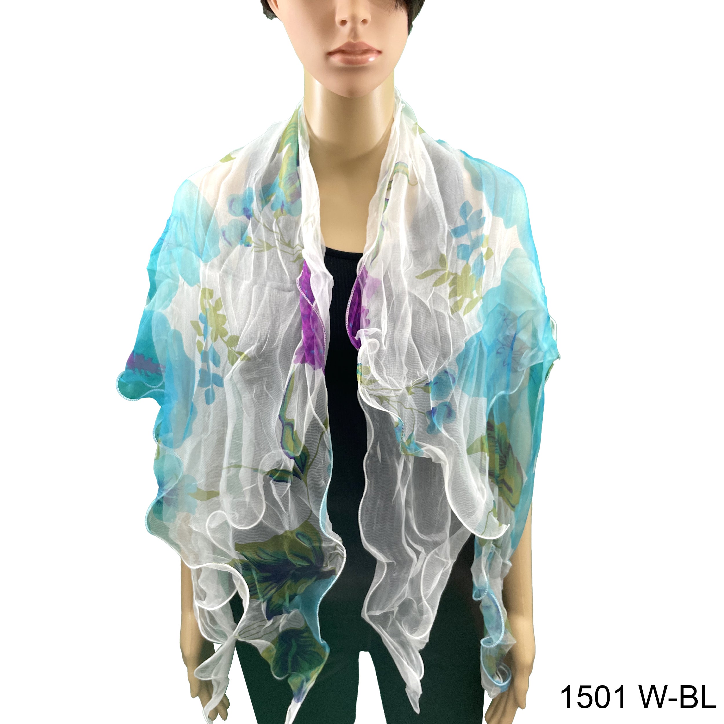 Flower Print  Double Layer Silk Scarf 1501 W-BL