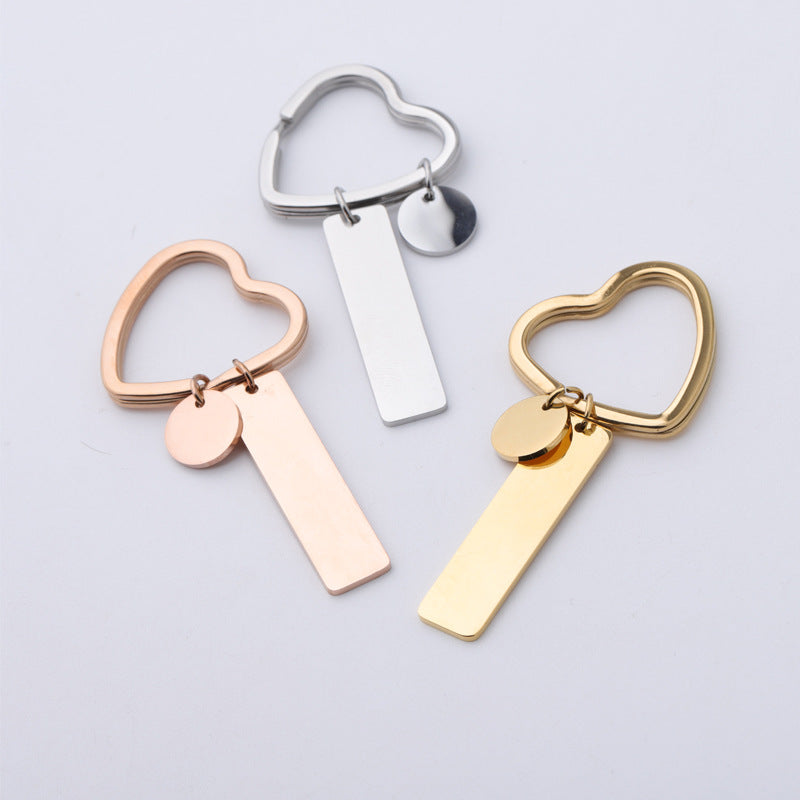 Engraved Bar with Round Charm and Heart Key Ring KCK 9