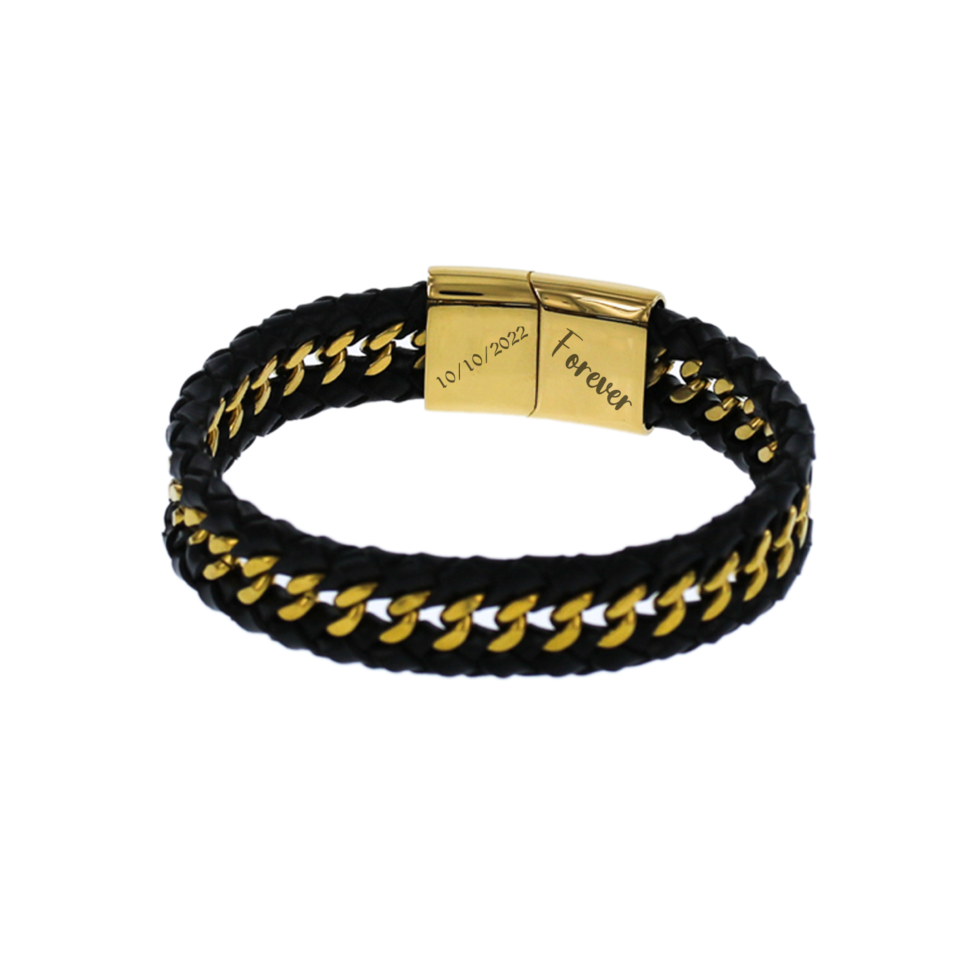 Engraved Black Leather with Gold Cuban Braided Bracelet KCBB 1