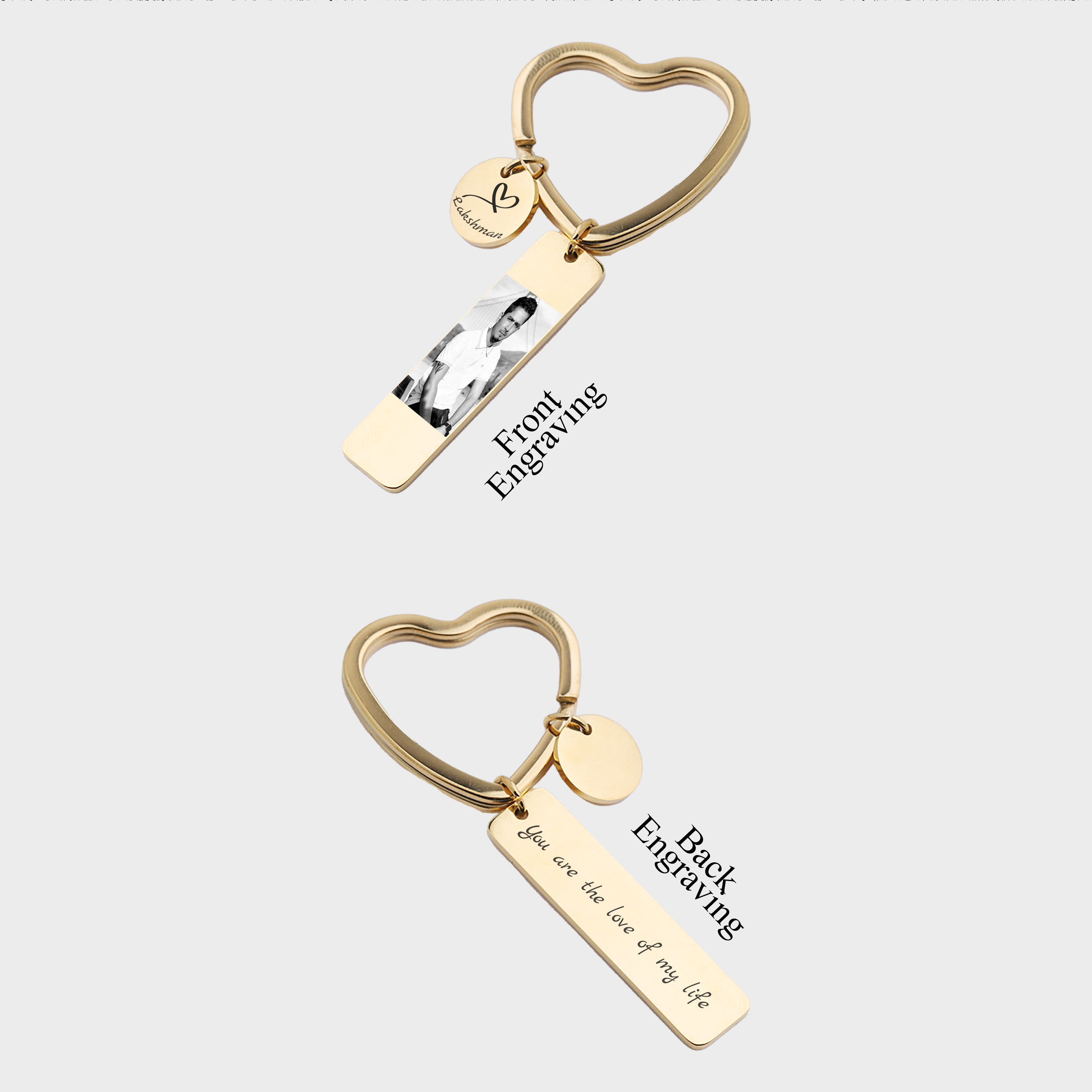 Engraved Bar with Round Charm and Heart Key Ring KCK 9