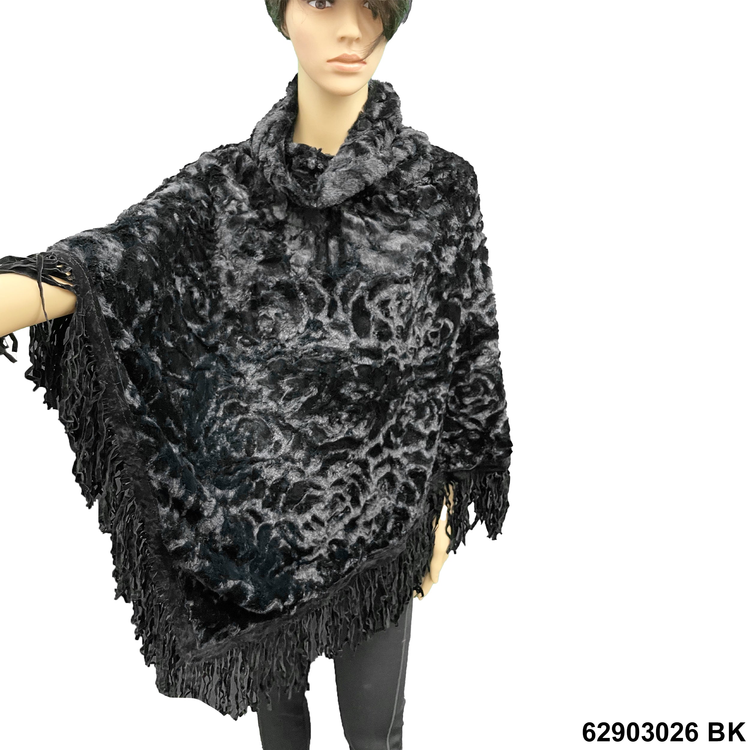 Fringed Faux Fur Ponchos 62903026 BK