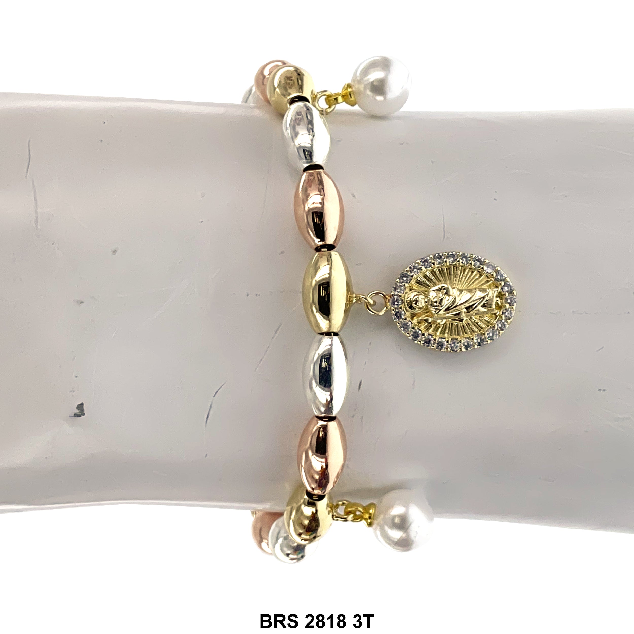 San Judas Pearl Charms Oval Beads Adjustable Bracelet BRS 2818 3T
