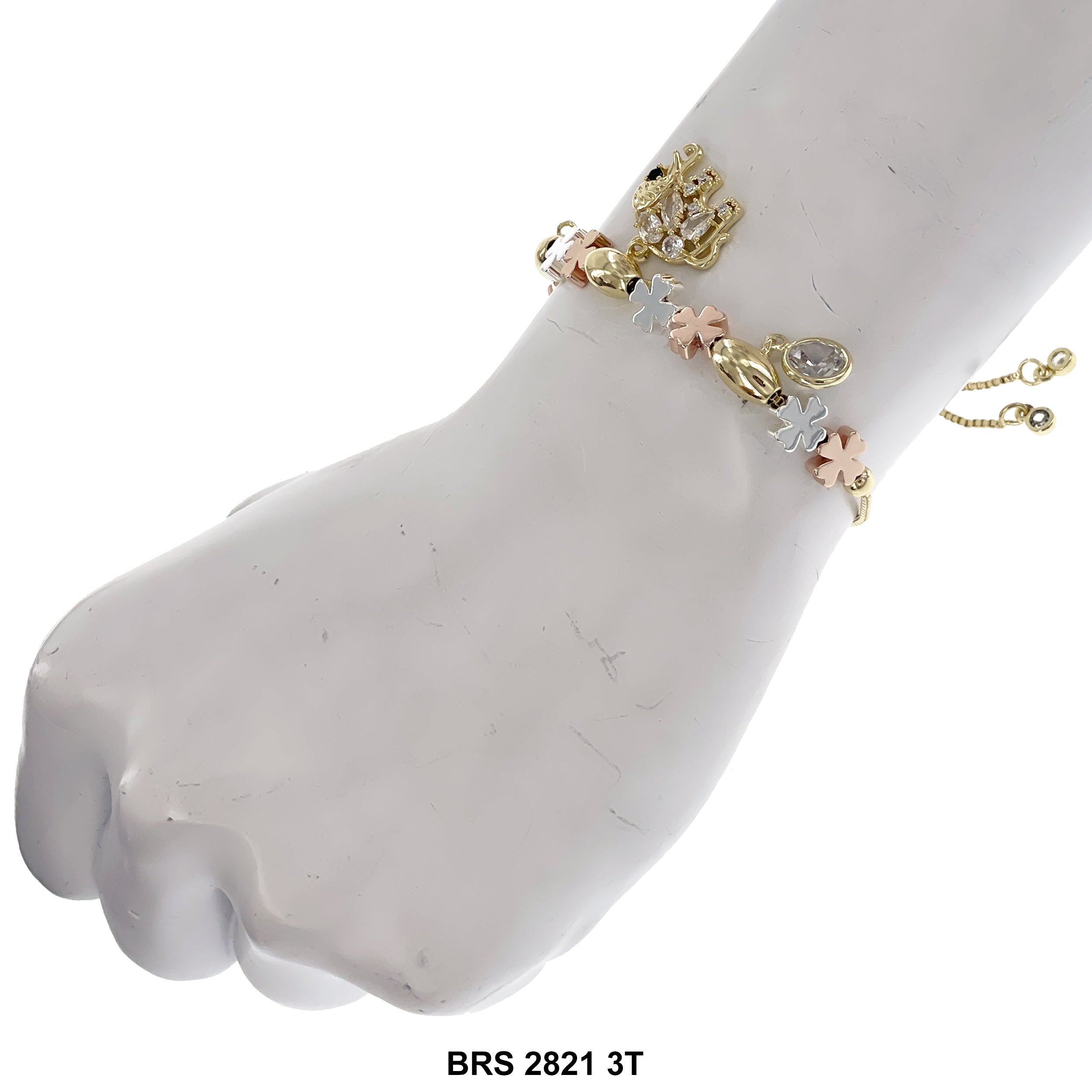 Elephant Stoned Charms 4- Leaf-clover Beads Adjustable Bracelet BRS 2821 3T