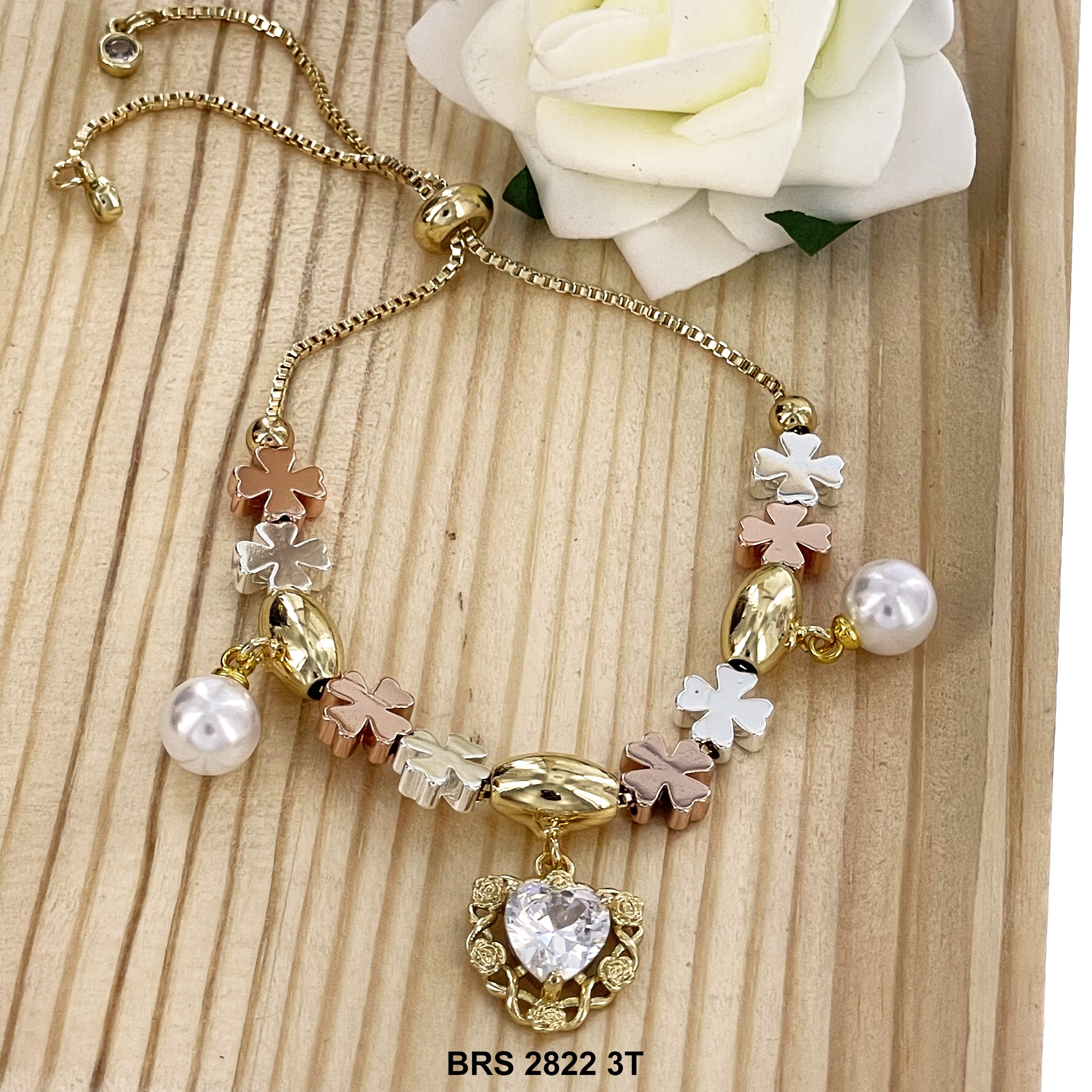 Heart Pearl Charms 4- Leaf-clover Beads Adjustable Bracelet BRS 2822 3T