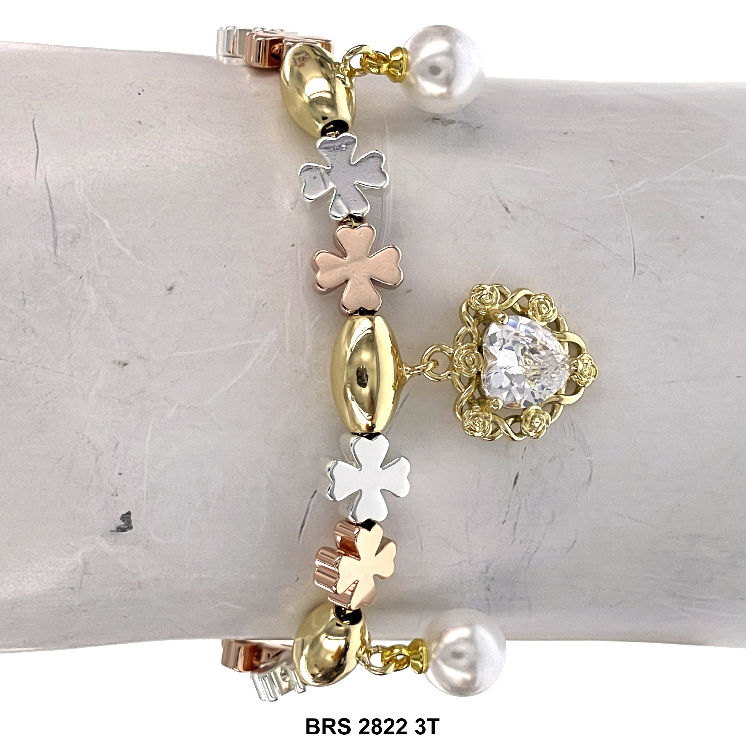 Heart Pearl Charms 4- Leaf-clover Beads Adjustable Bracelet BRS 2822 3T