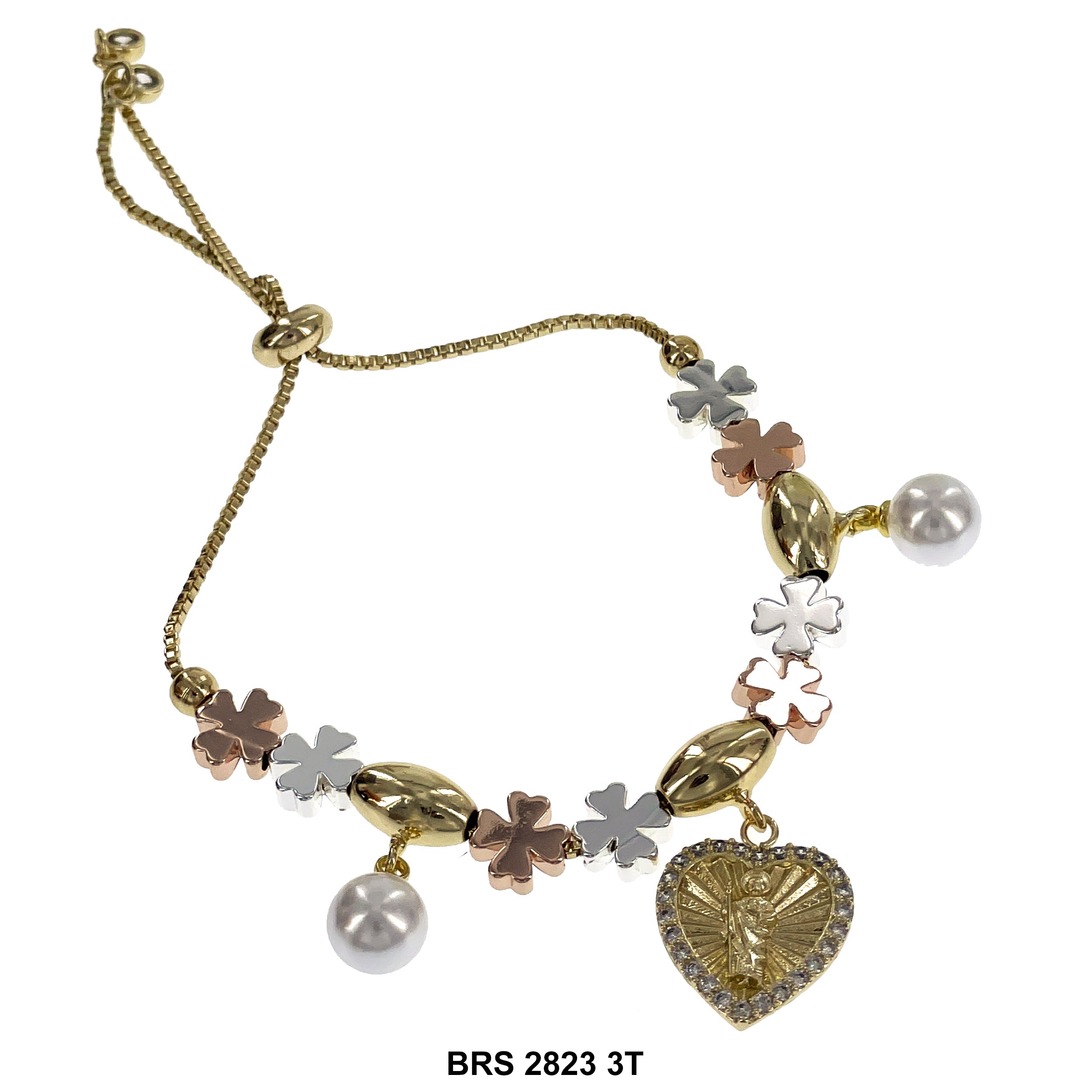 San Judas Pearl Charms 4-leaf-clover Beads Adjustable Bracelet BRS 2823 3T