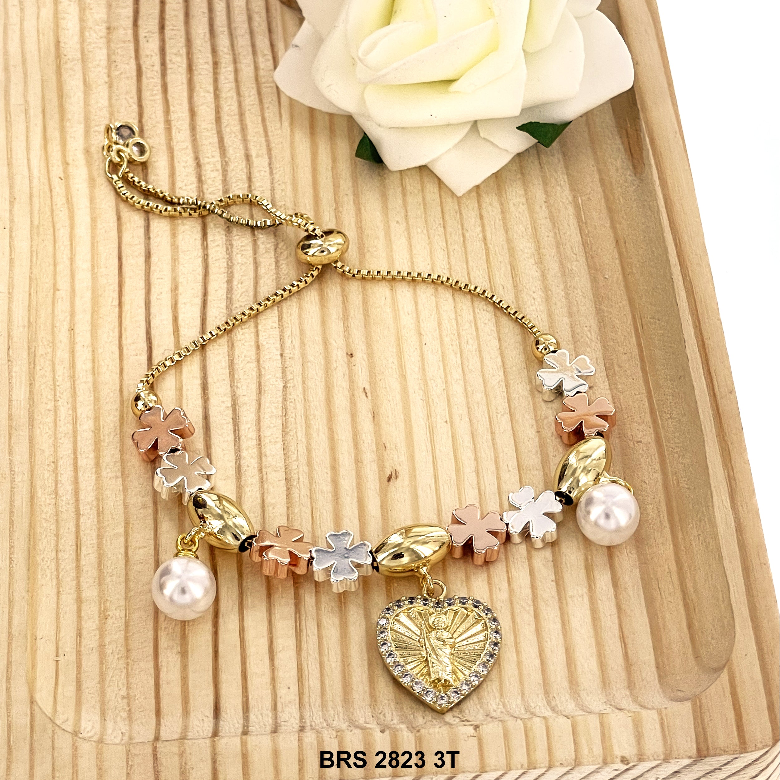 San Judas Pearl Charms 4-leaf-clover Beads Adjustable Bracelet BRS 2823 3T