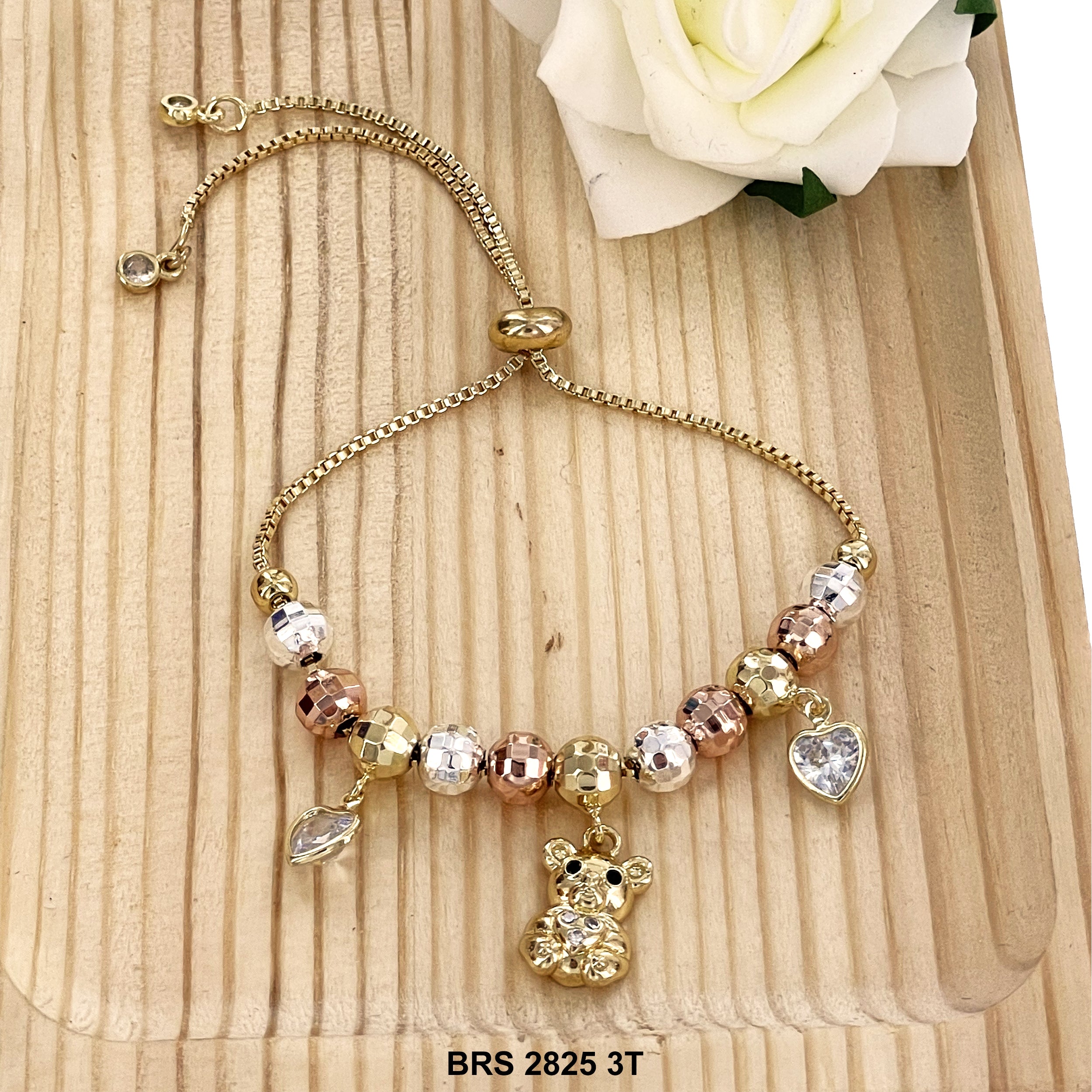 Bear Heart Stone Charms Disco Ball Beads Adjustable Bracelet BRS 2825 3T