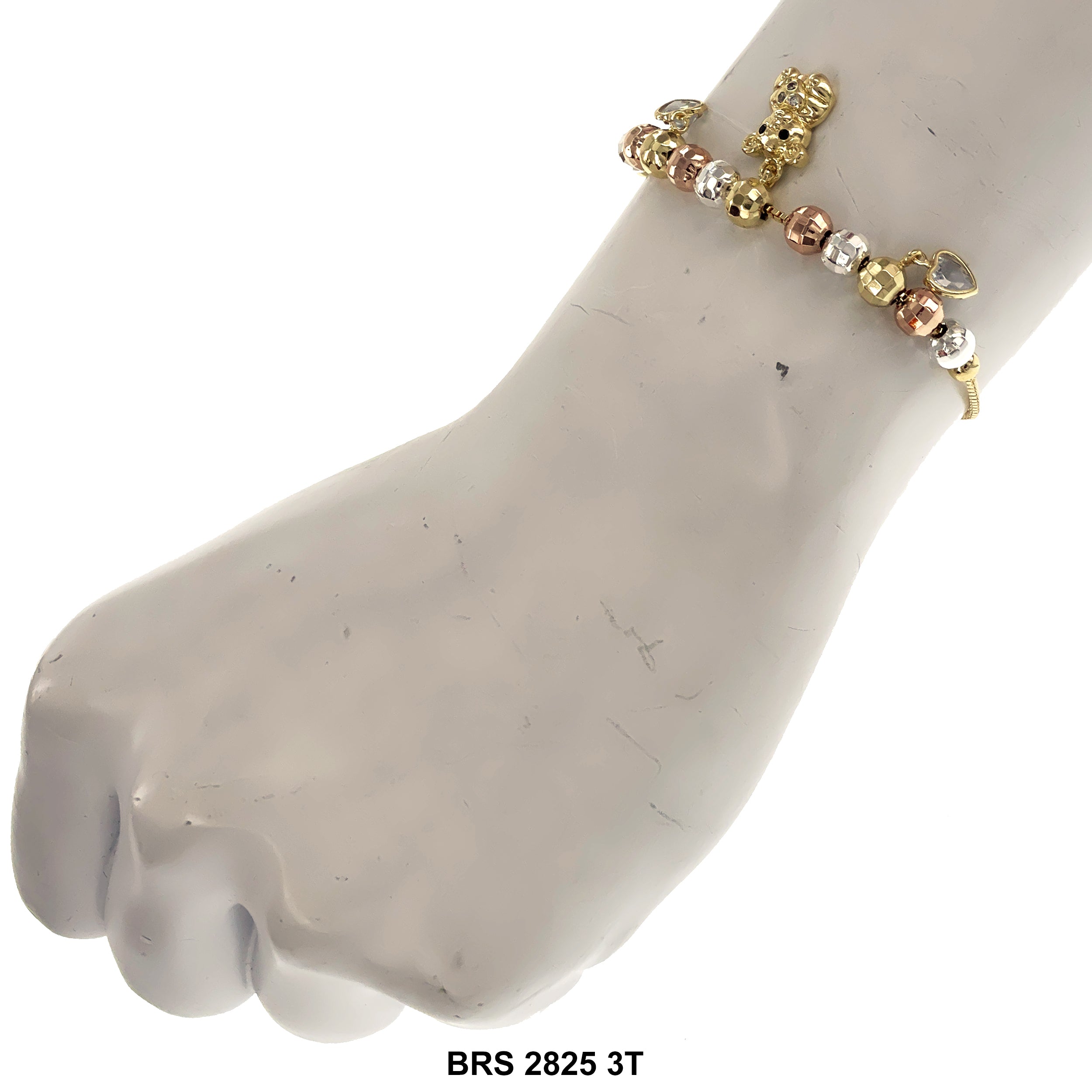 Bear Heart Stone Charms Disco Ball Beads Adjustable Bracelet BRS 2825 3T
