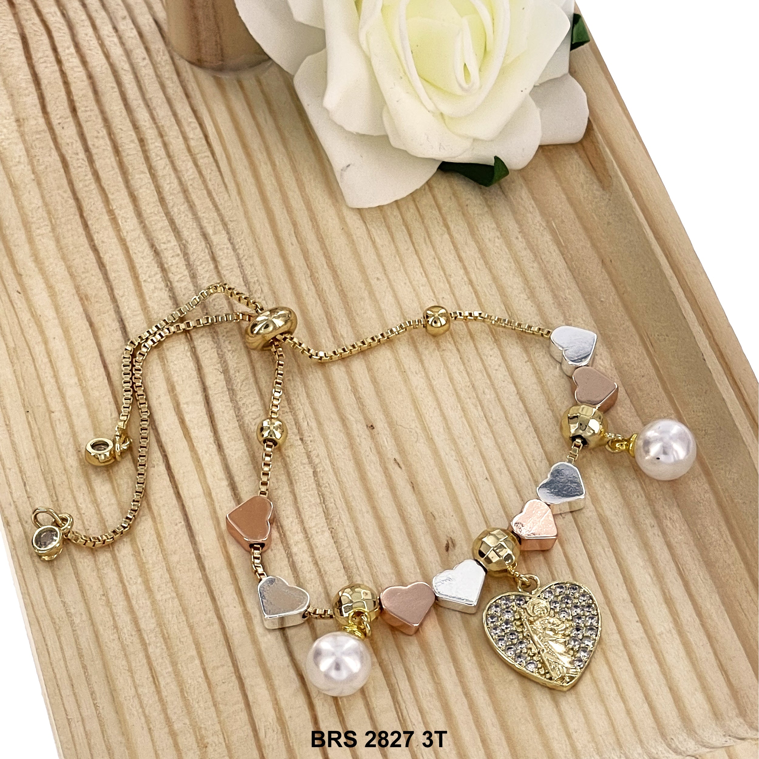 San Judas Pearl Charm Heart Beads Adjustable Bracelet BRS 2827 3T