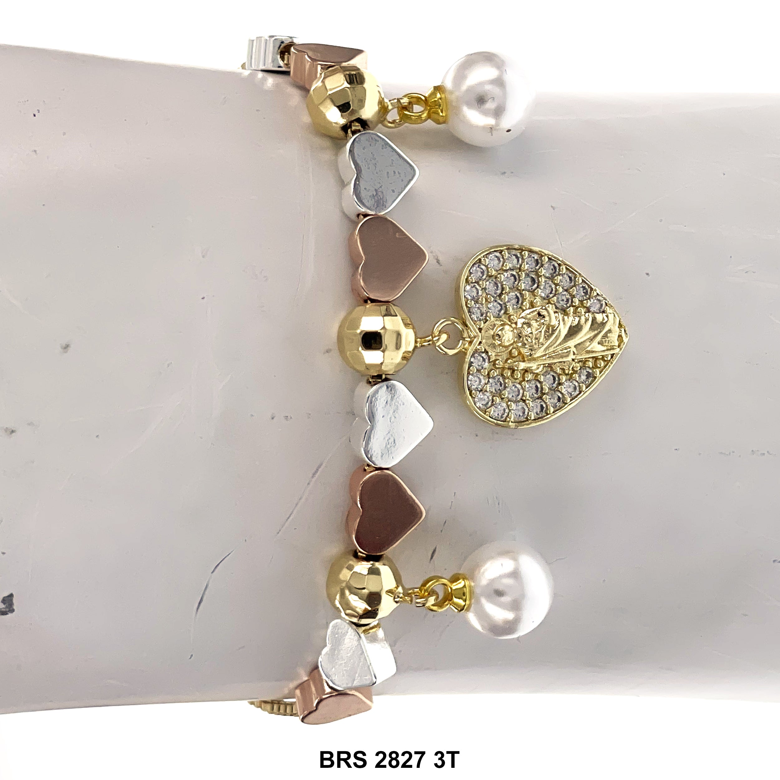 San Judas Pearl Charm Heart Beads Adjustable Bracelet BRS 2827 3T