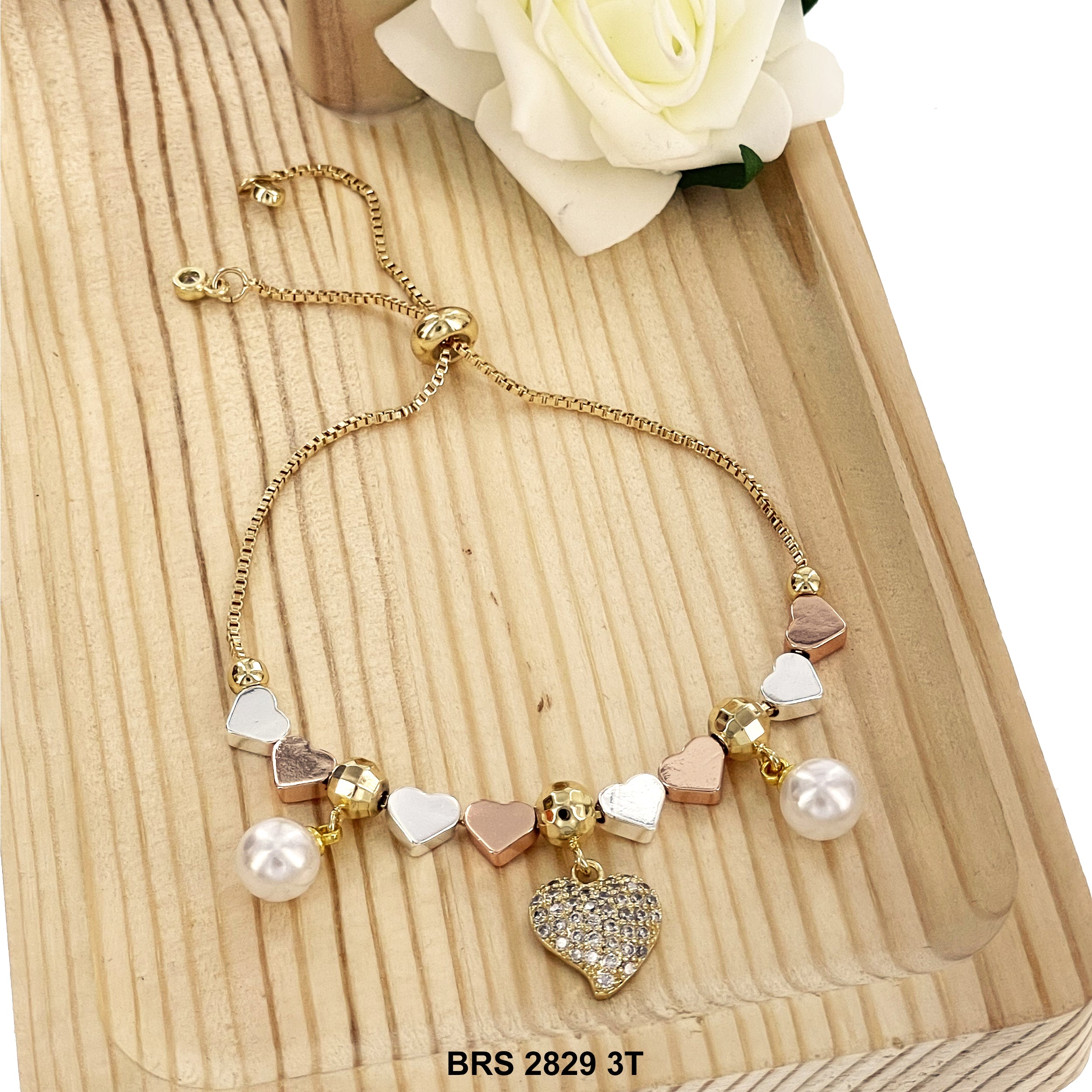 Heart Pearl Charms Heart Beads Adjustable Bracelet BRS 2829 3T