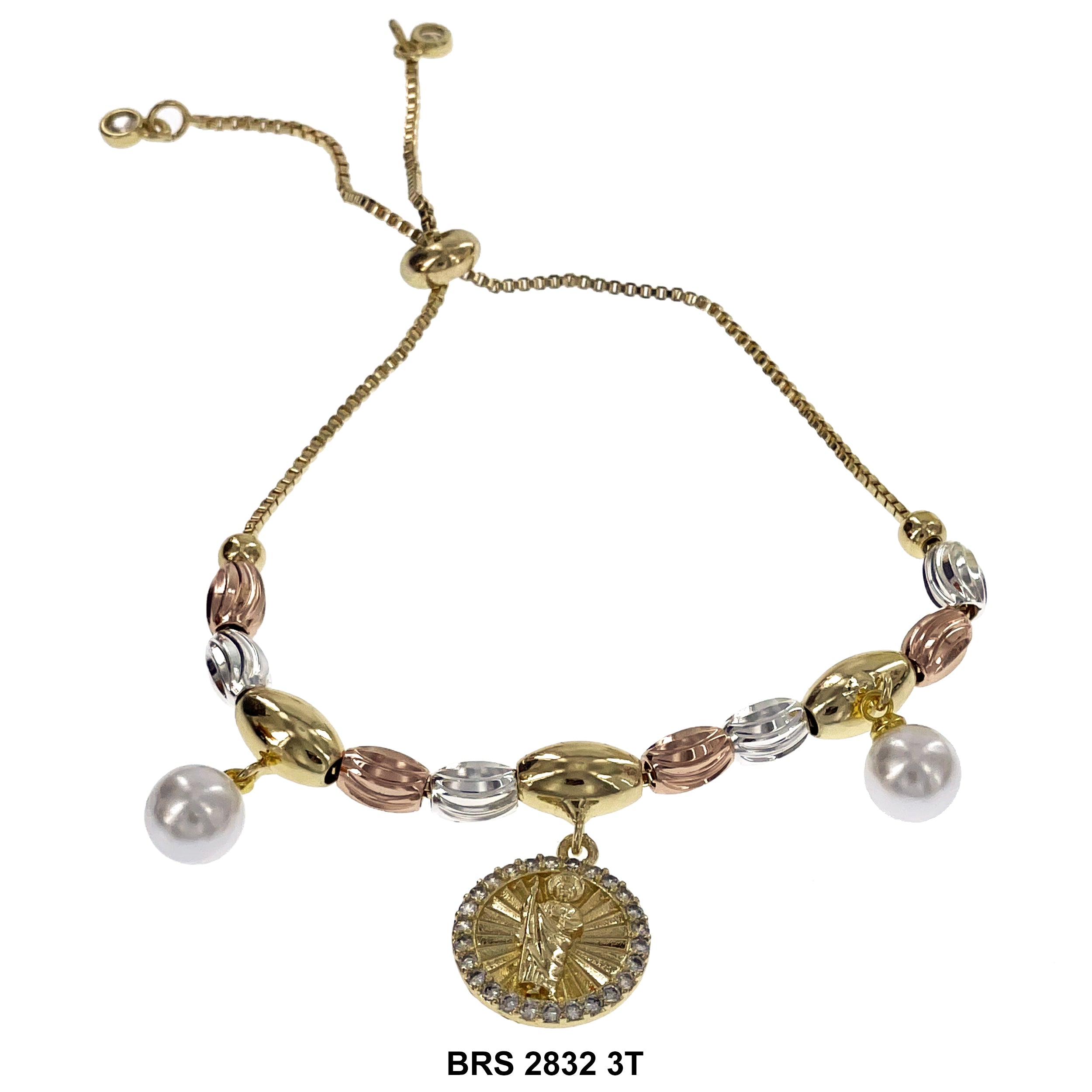 San Judas Pearl Charms Inlayed Oval Beads Adjustable Bracelet BRS 2832 3T