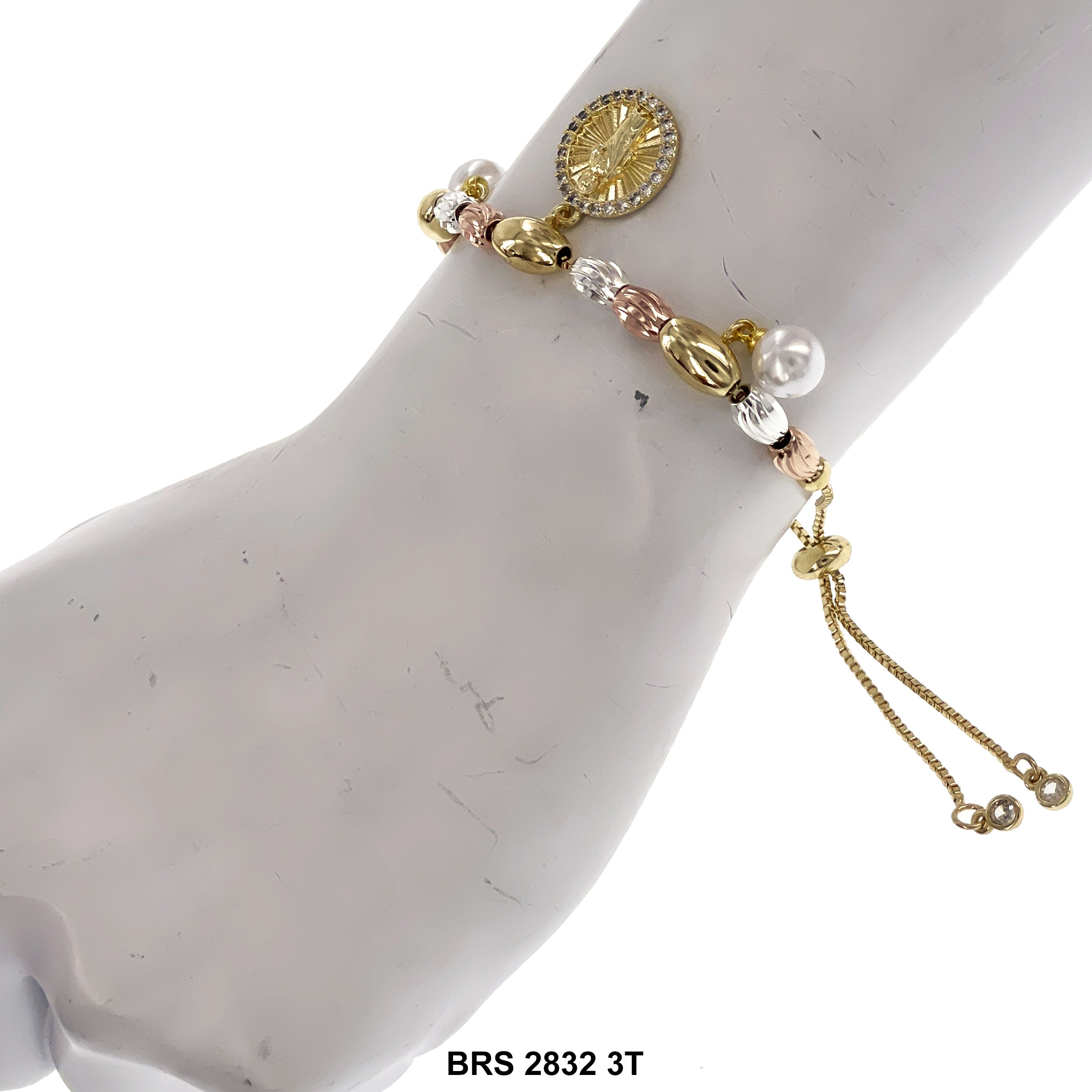 San Judas Pearl Charms Inlayed Oval Beads Adjustable Bracelet BRS 2832 3T