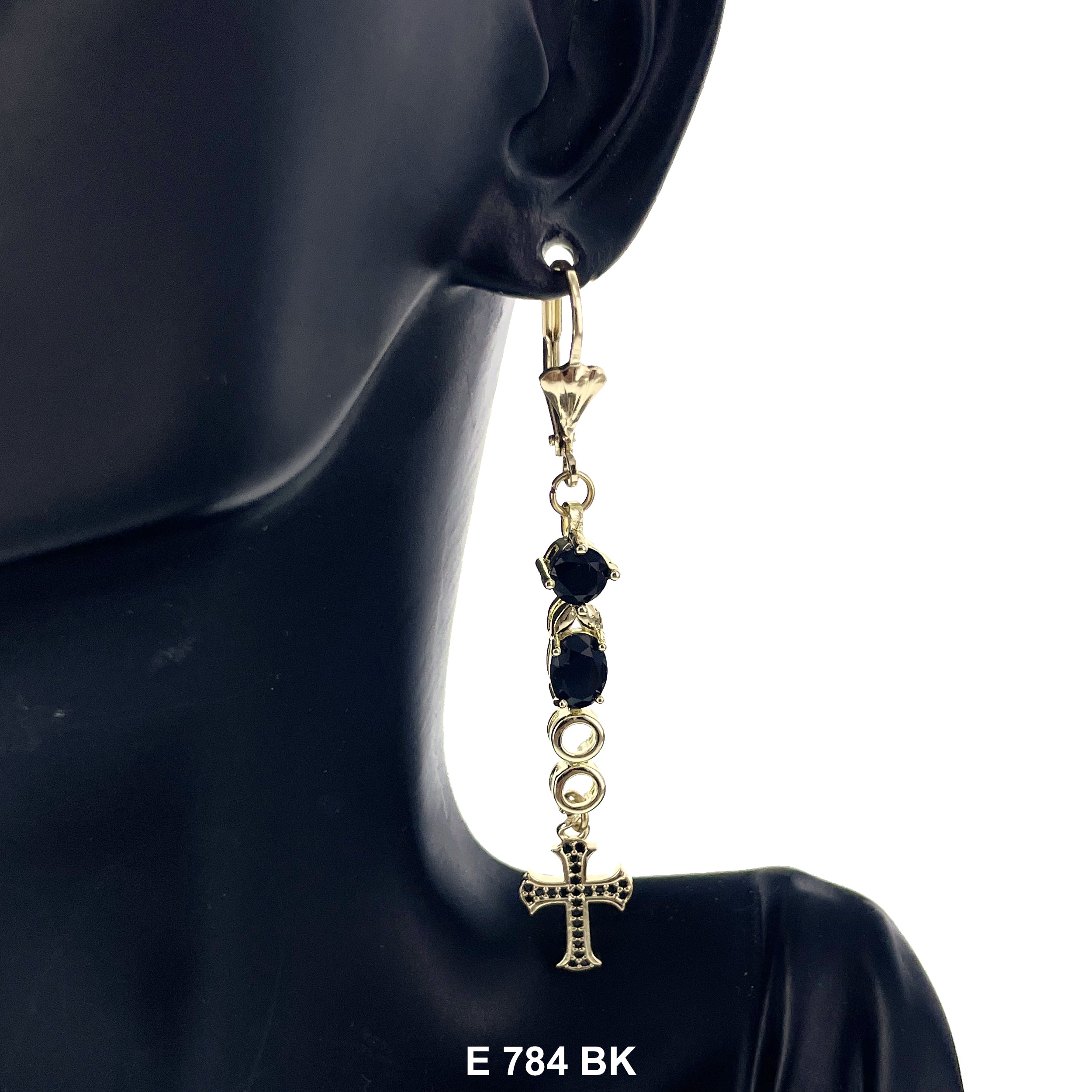 Duck Paw Stoned Cross Long Earrings E 784 BK