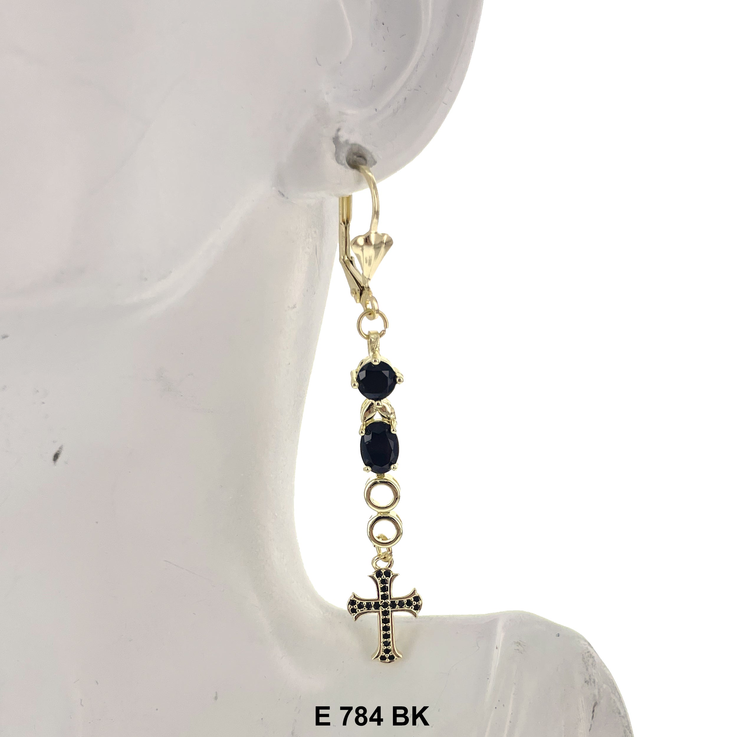 Duck Paw Stoned Cross Long Earrings E 784 BK