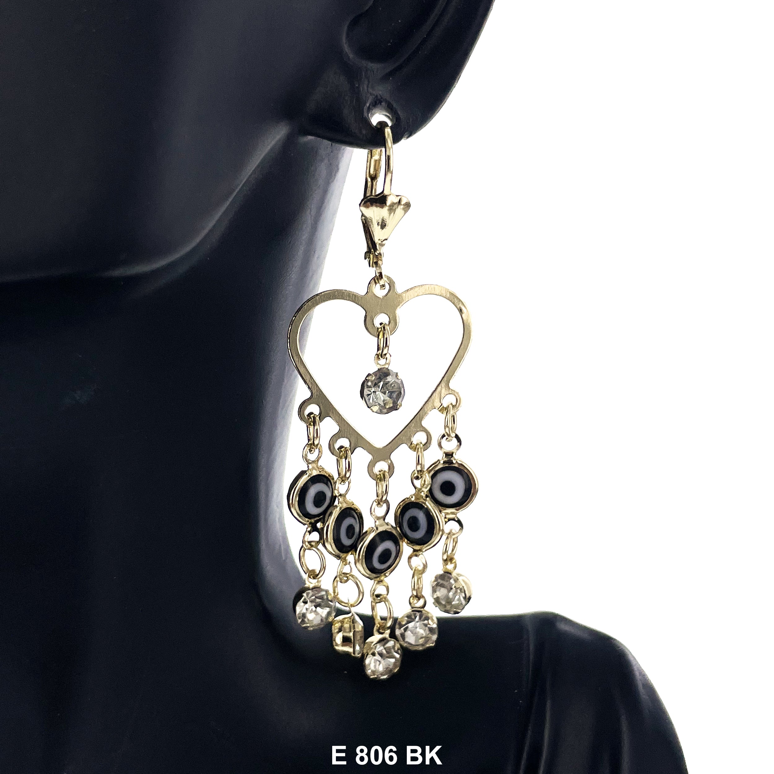 Duck Paw Heart Evil Eye Hanging Earrings E 806 BK