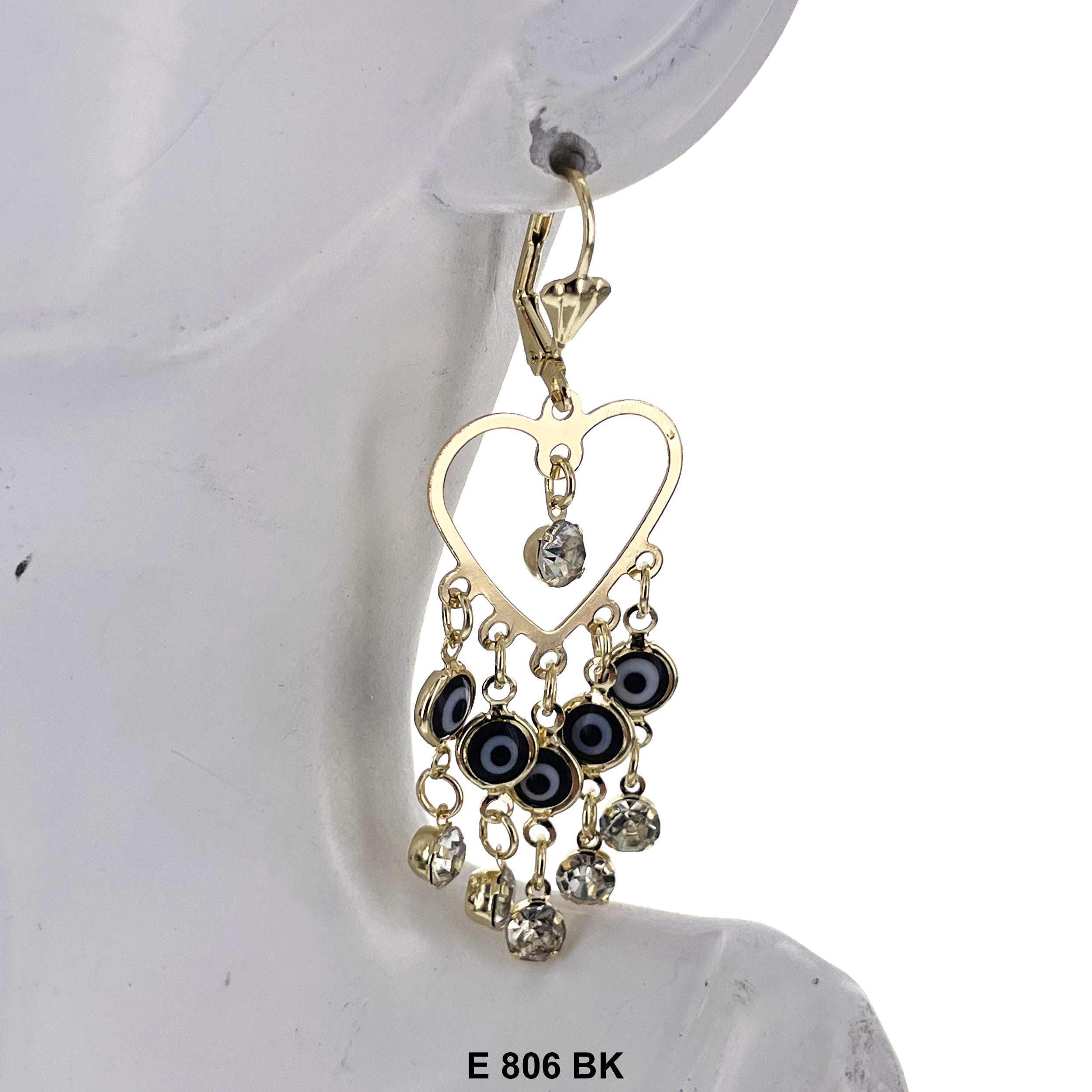 Duck Paw Heart Evil Eye Hanging Earrings E 806 BK