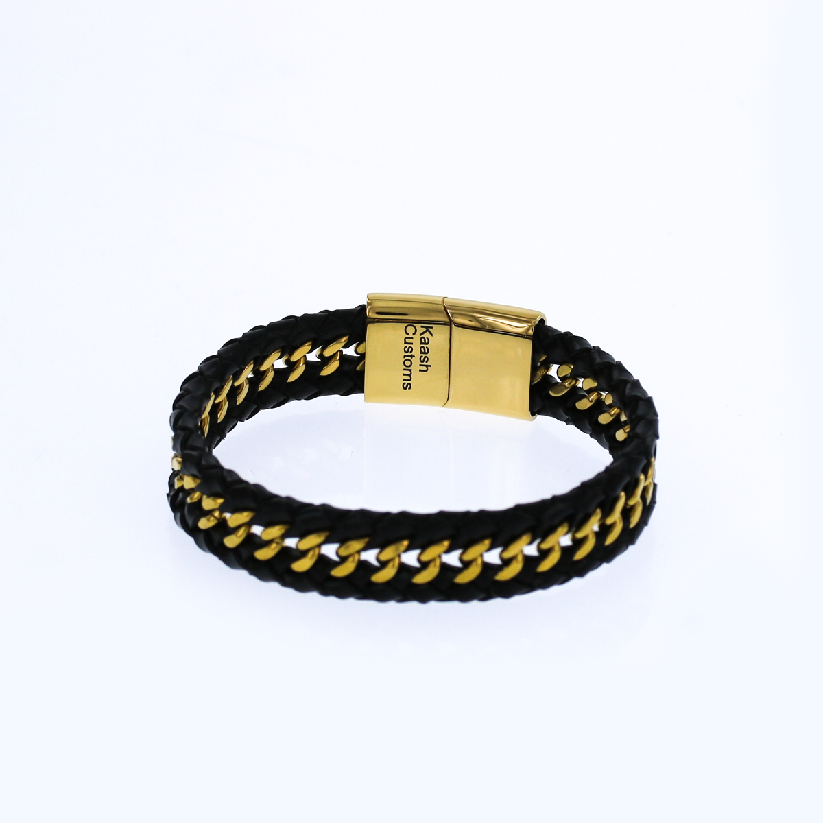 Engraved Black Leather with Gold Cuban Braided Bracelet KCBB 1