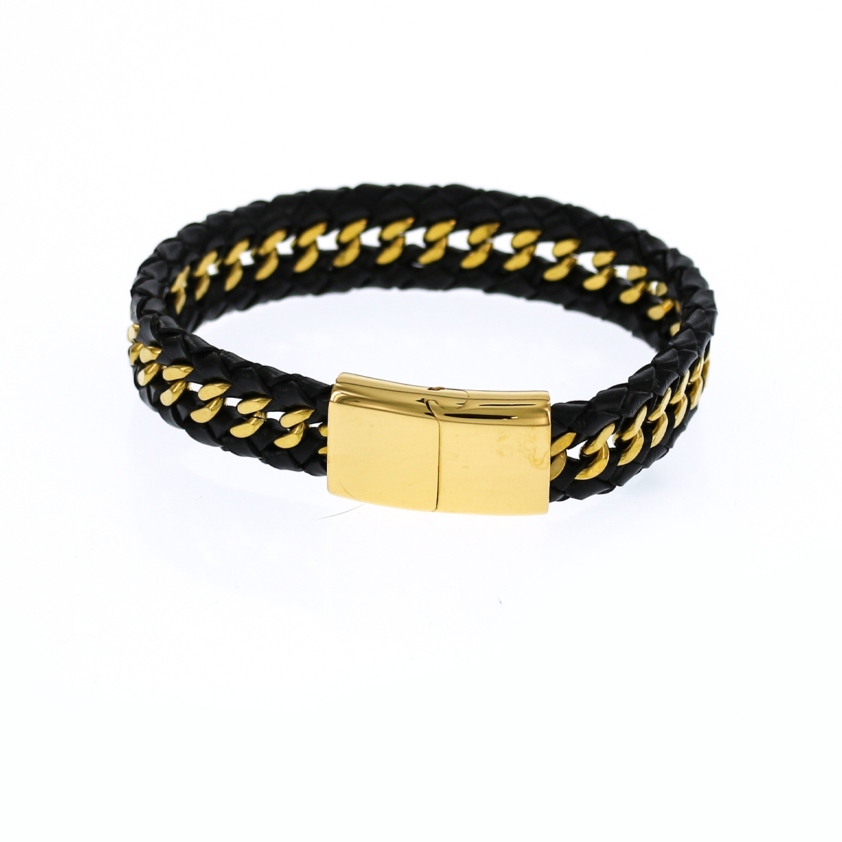 Engraved Black Leather with Gold Cuban Braided Bracelet KCBB 1