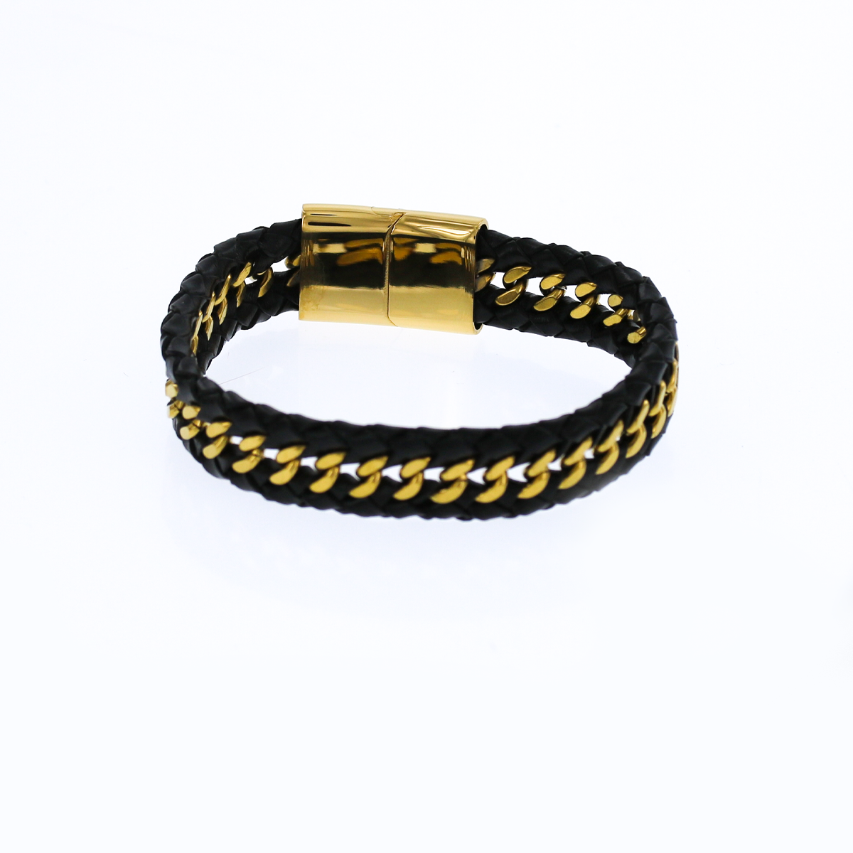 Engraved Black Leather with Gold Cuban Braided Bracelet KCBB 1