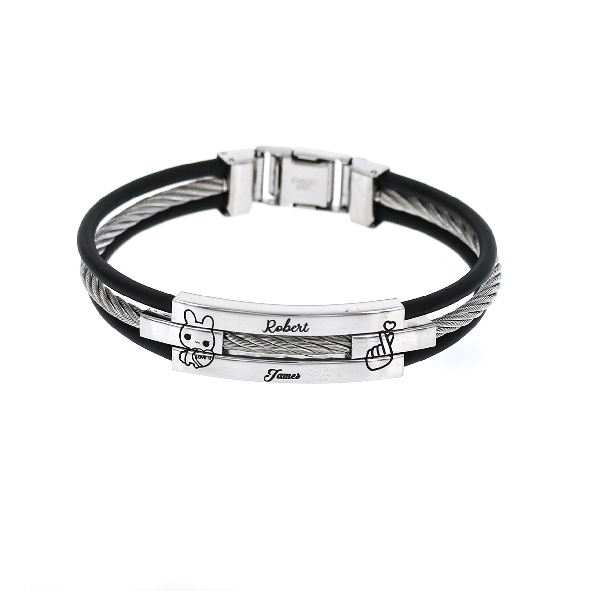 Customizable Black Silver Thin Cable Bracelet KCBB 7