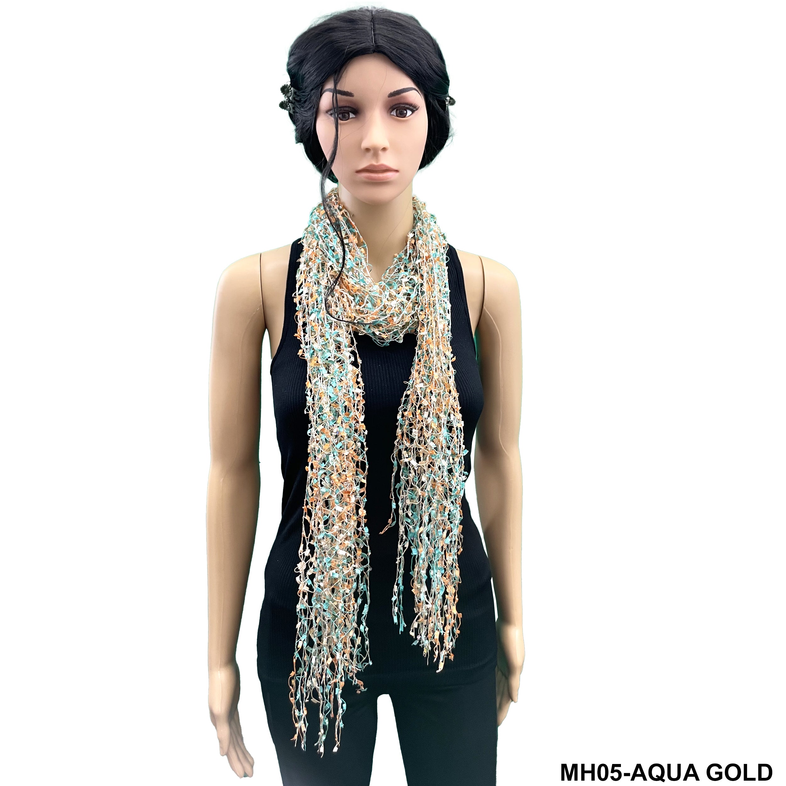 Fringed Net Summer Scarf MH05 AQUA- GOLD