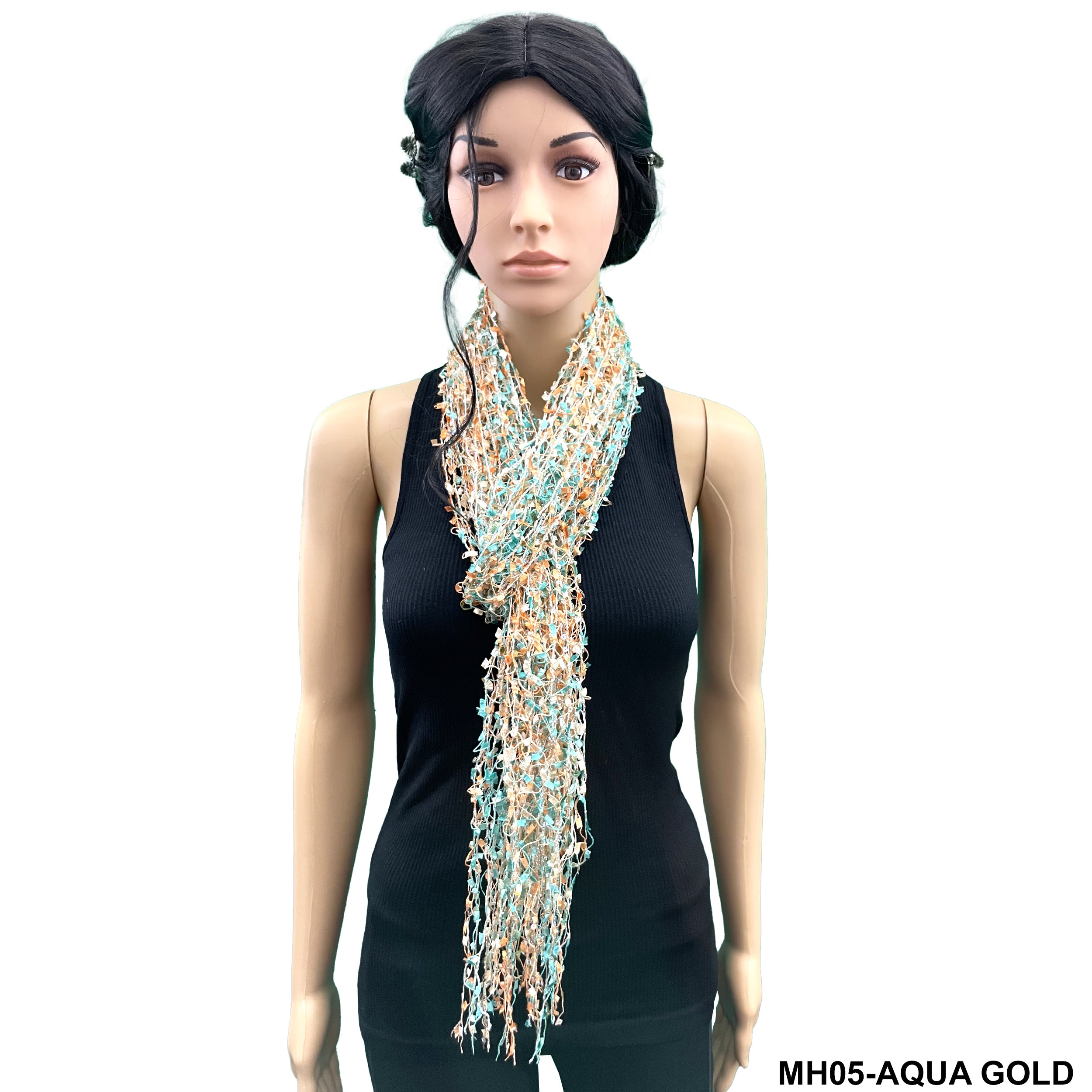 Fringed Net Summer Scarf MH05 AQUA- GOLD