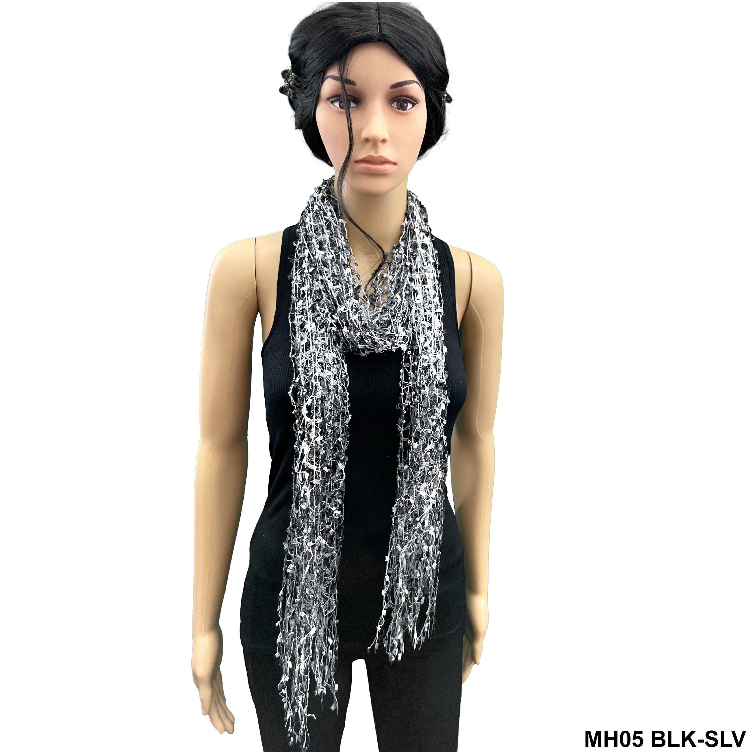 Fringed Net Summer Scarf MH05 BLK-SLV