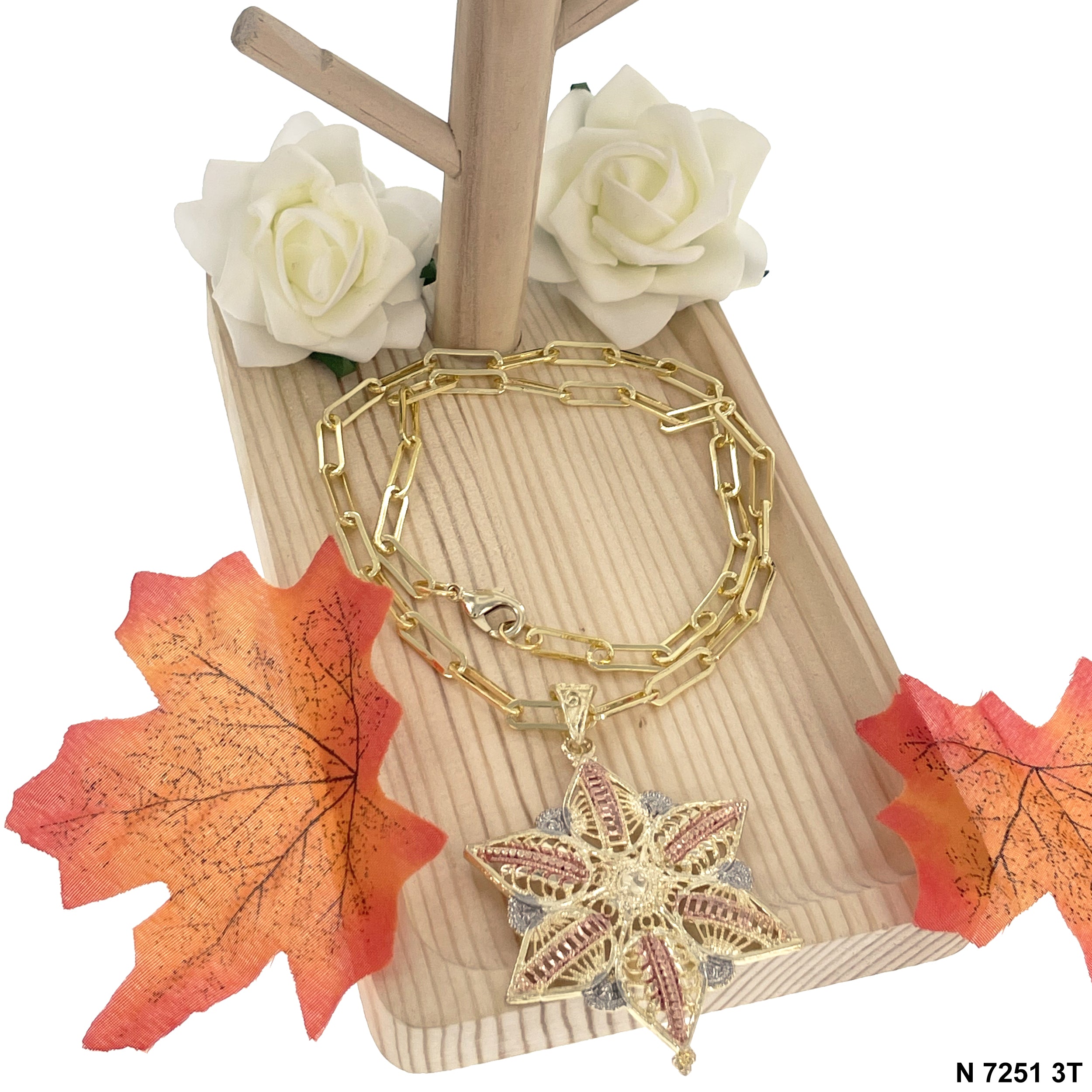 Star Flower Filigree Paper Clip Chain Necklace N 7251 3T