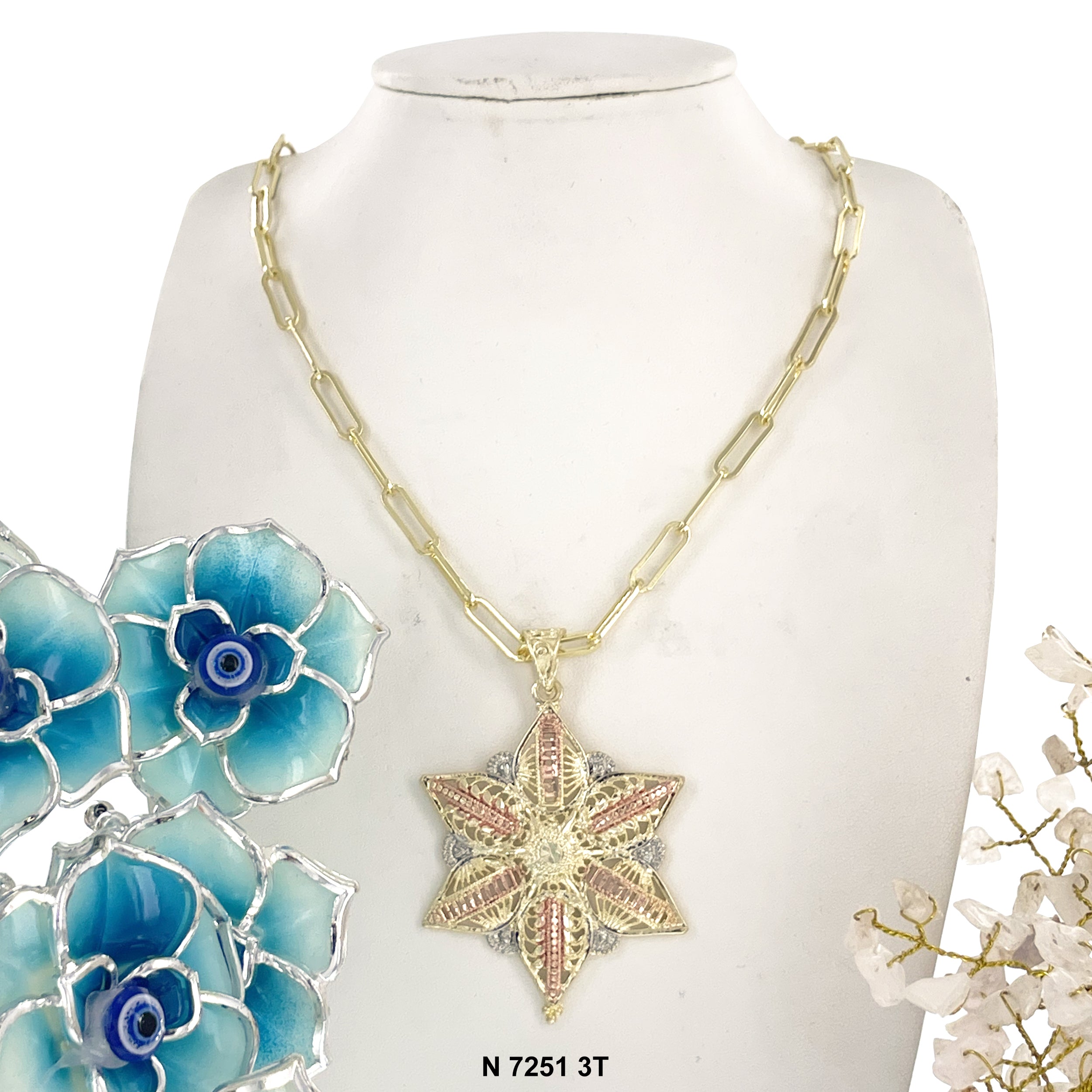 Star Flower Filigree Paper Clip Chain Necklace N 7251 3T