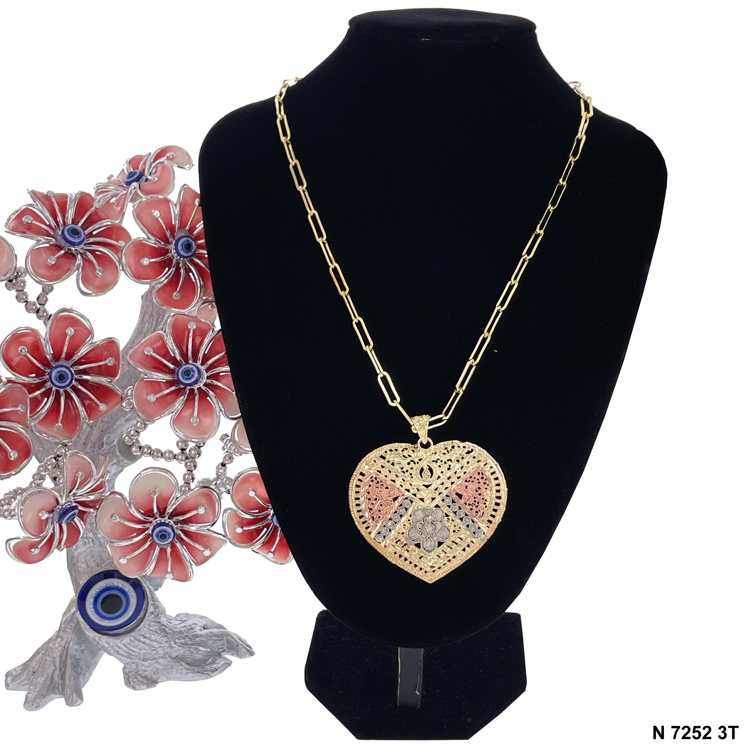 Heart Filigree Paper Clip Chain Necklace N 7252 3T