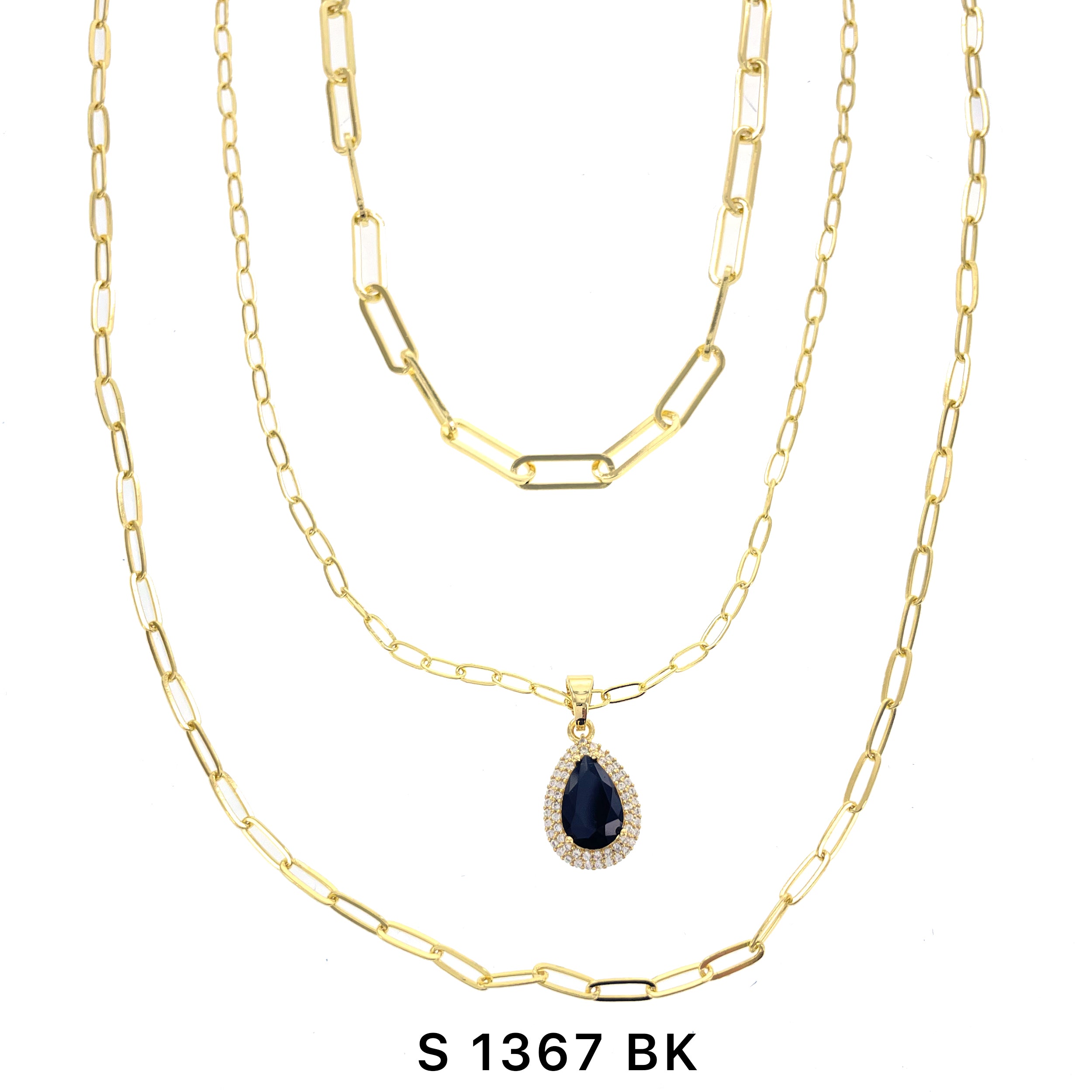 3-Layer Tear Drop Stone Necklace Set S 1367 BK