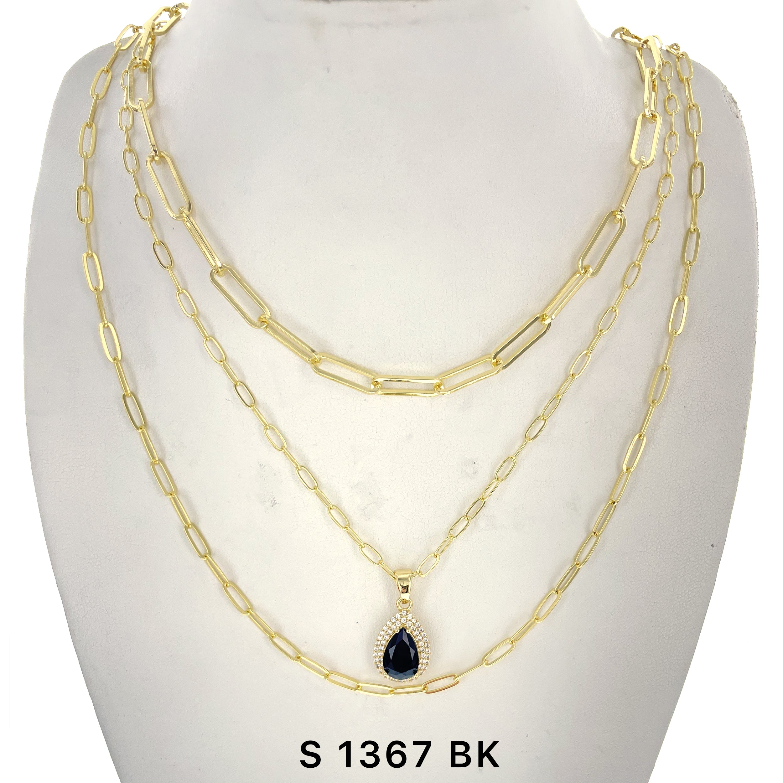 3-Layer Tear Drop Stone Necklace Set S 1367 BK