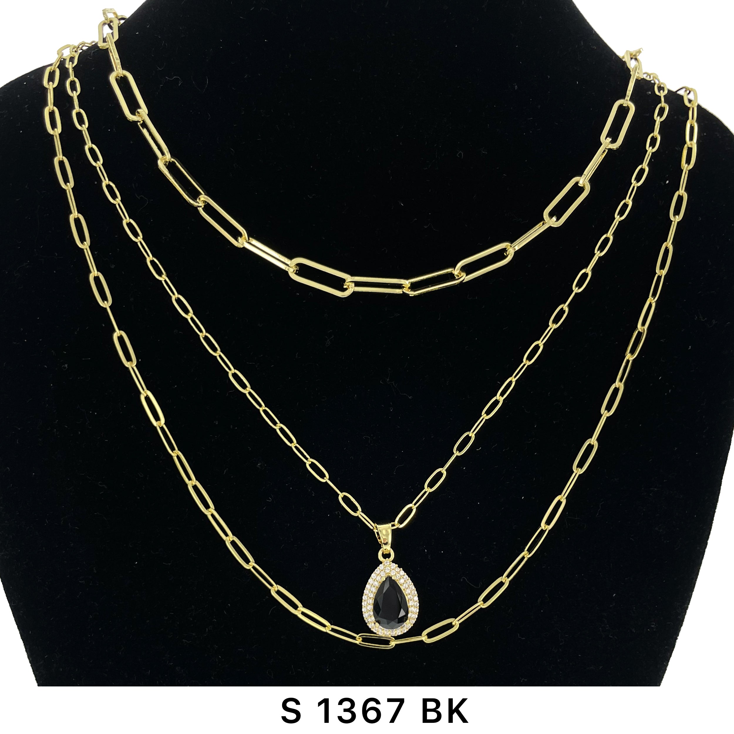 3-Layer Tear Drop Stone Necklace Set S 1367 BK