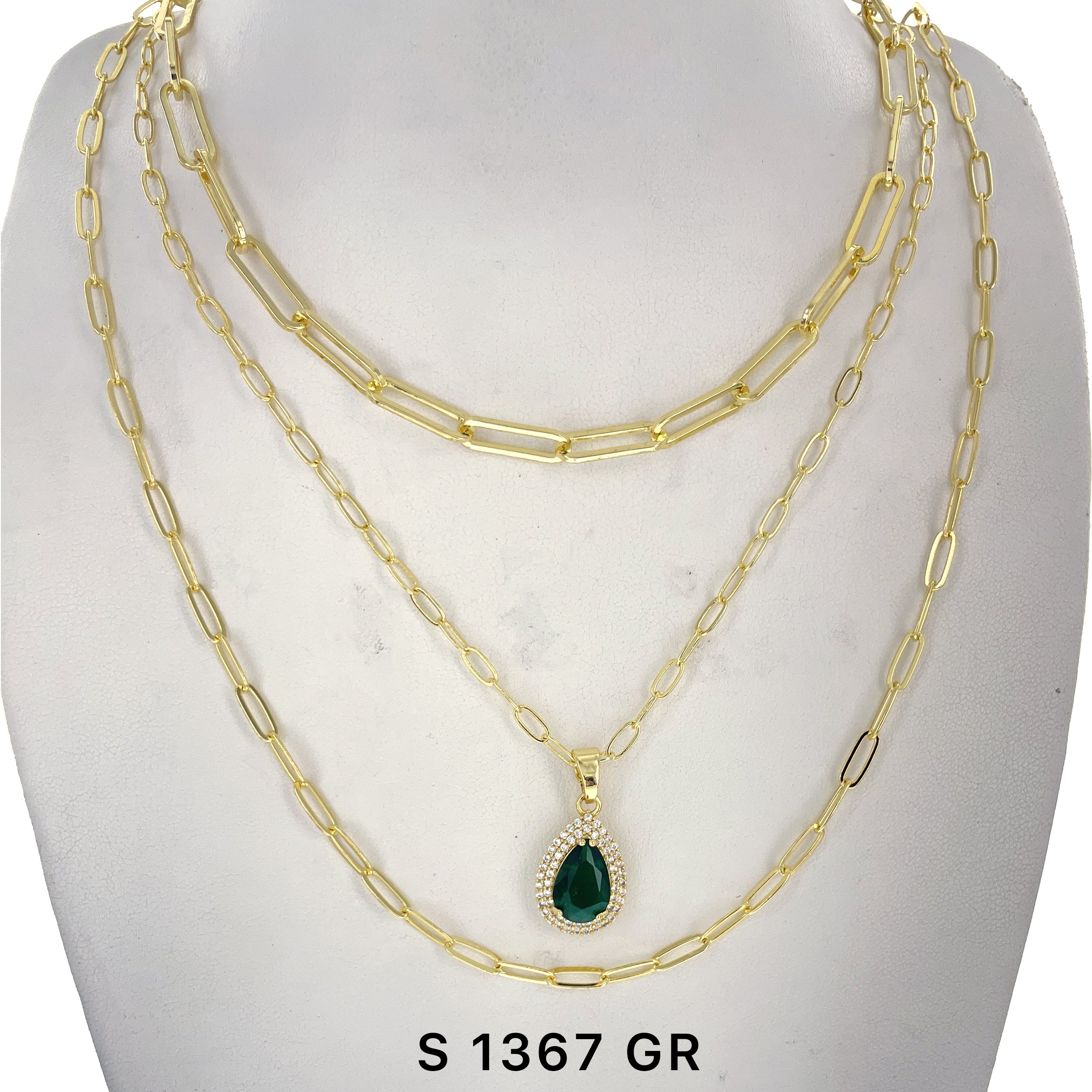 3-Layer Tear Drop Stone Necklace Set S 1367 GR