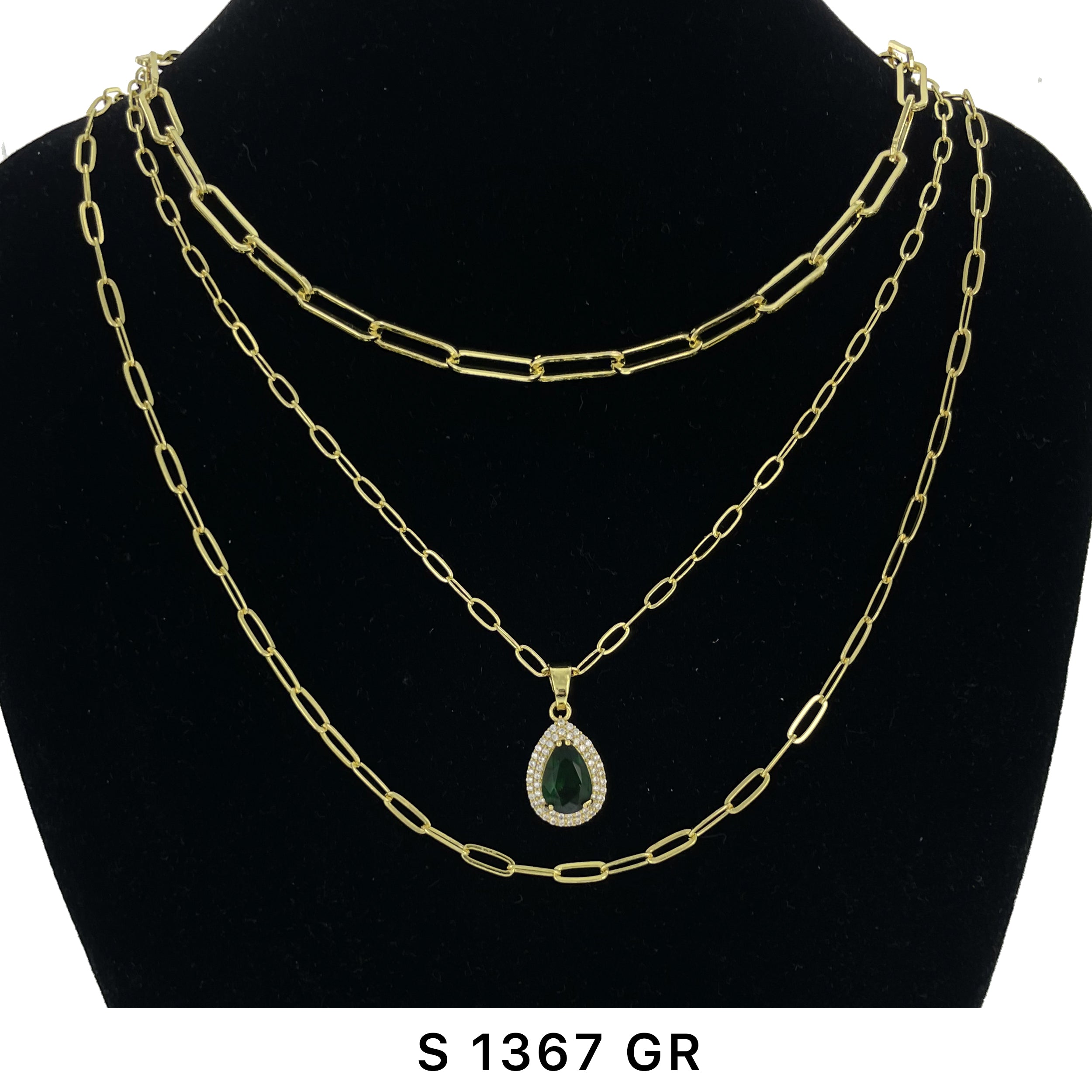 3-Layer Tear Drop Stone Necklace Set S 1367 GR